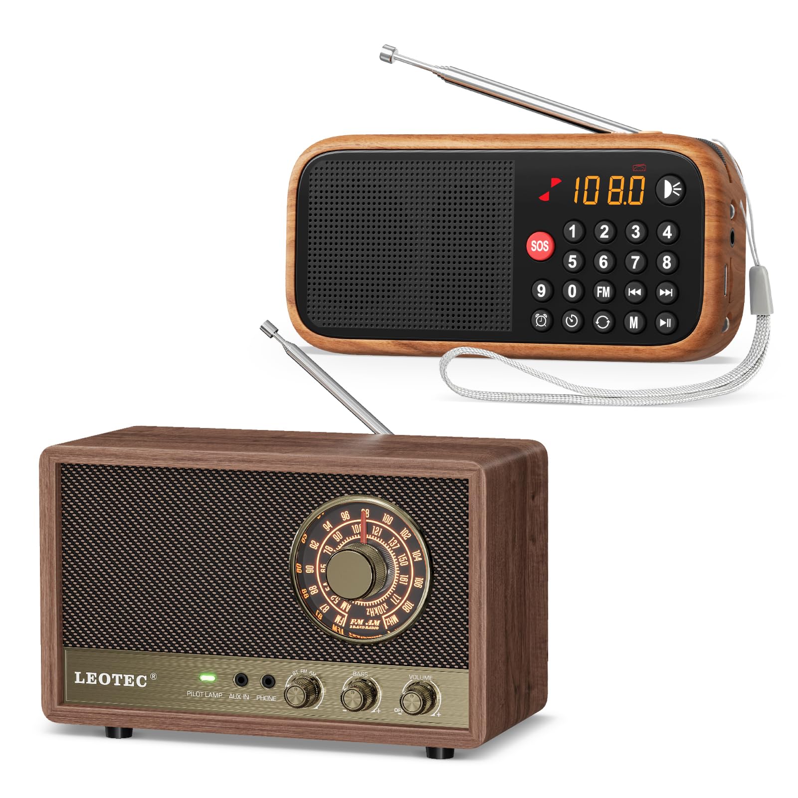 LEOTECAM FM Radio,Retro Wood Table Radio,Portable Bluetooth Speaker Plug in Wall and Rechargeable Radio with Bluetooth