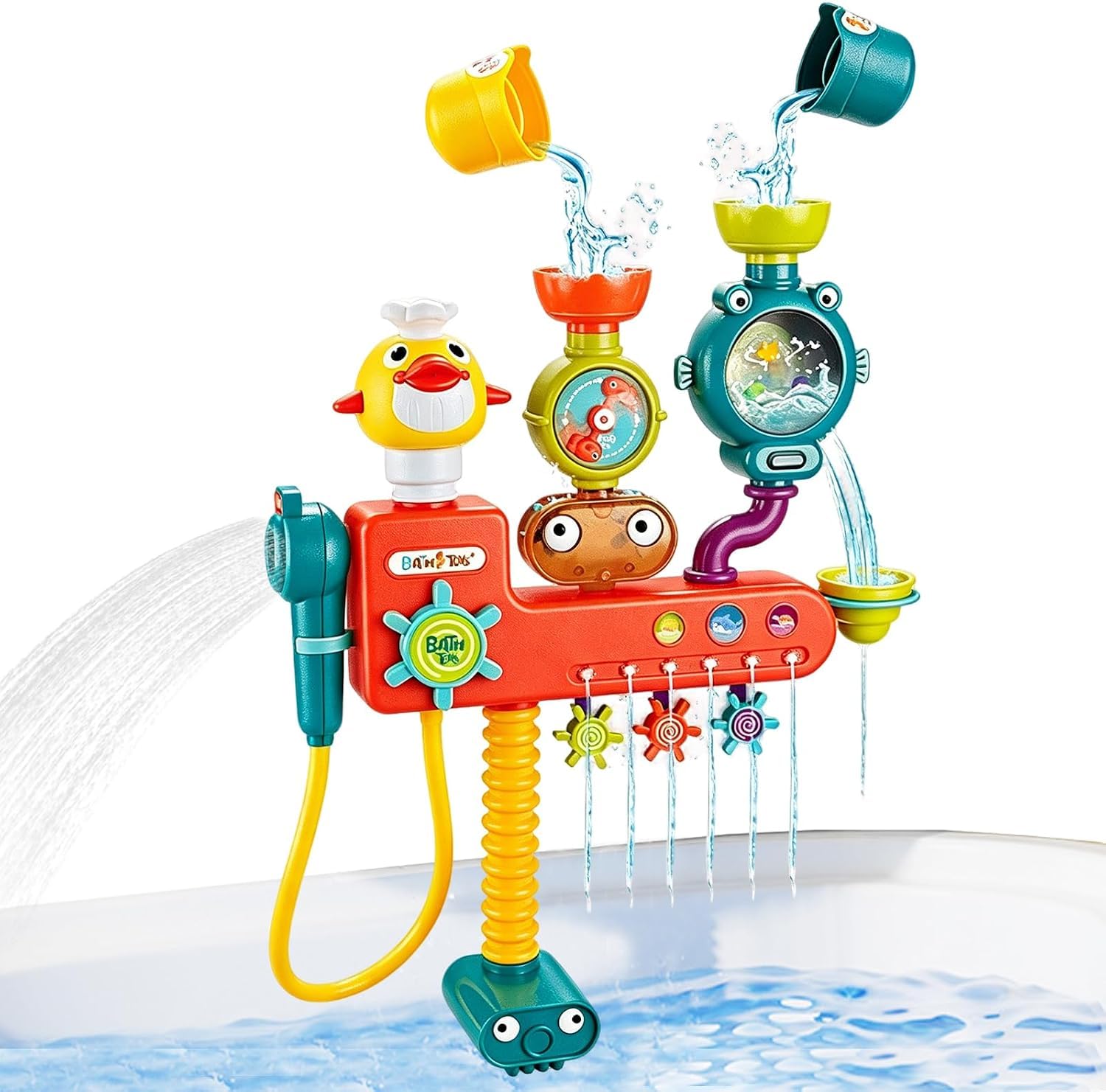 LUKIUP Giocattolo per vasca da bagno 4 in 1, set di giocattoli da bagno interattivi con doccia, ruota d'acqua, barca d'anatra, auto a coccodrillo, fischietto a razzo, giocattolo per vasca da bagno