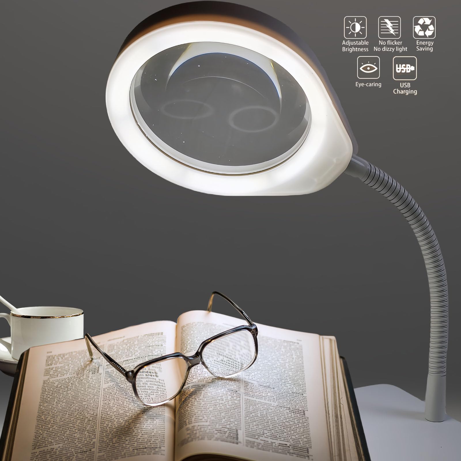 Lupe mit Licht und Ständer, 10-fache Vergrößerung, flexibler Schwanenhals, LED-Schreibtischlampe, freihändig für Handwerk, Lesen, Malen, Hobby, enge Arbeit (weiß)
