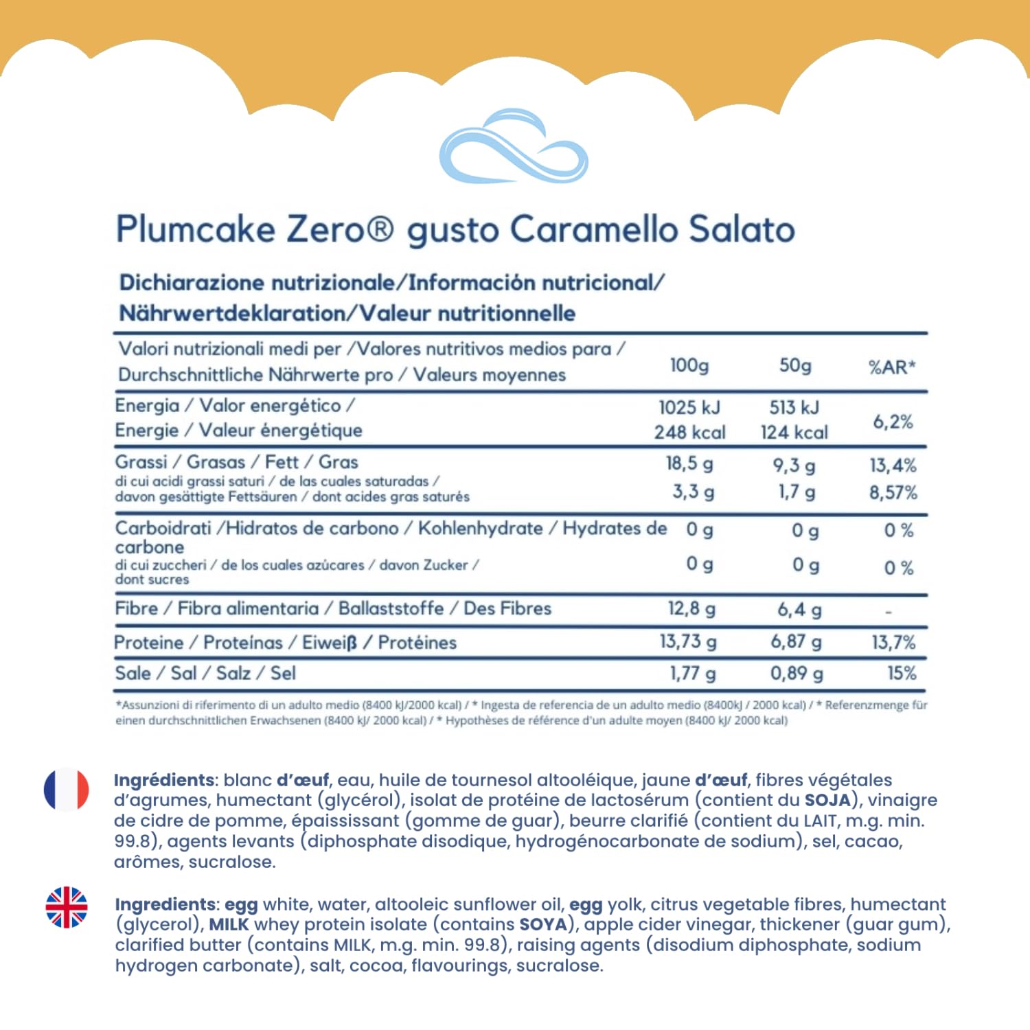 Nuvola Zero - Plumcake Zero Au Caramel Sans Glucides, Collations Sans Lactose, Sans Sucre, Sans Gluten, Riche en Fibres, Paquet de 12 Pièces, Fabriqué en Italie