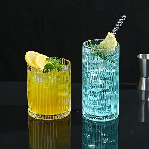 Miniatura 6 de Juego de 8 vasos de cristal vintage acanalados, 4 vasos altos de 12 onzas, vasos de 4 rocas de 14 onzas, vaso de cóctel acanalado, utilizado para