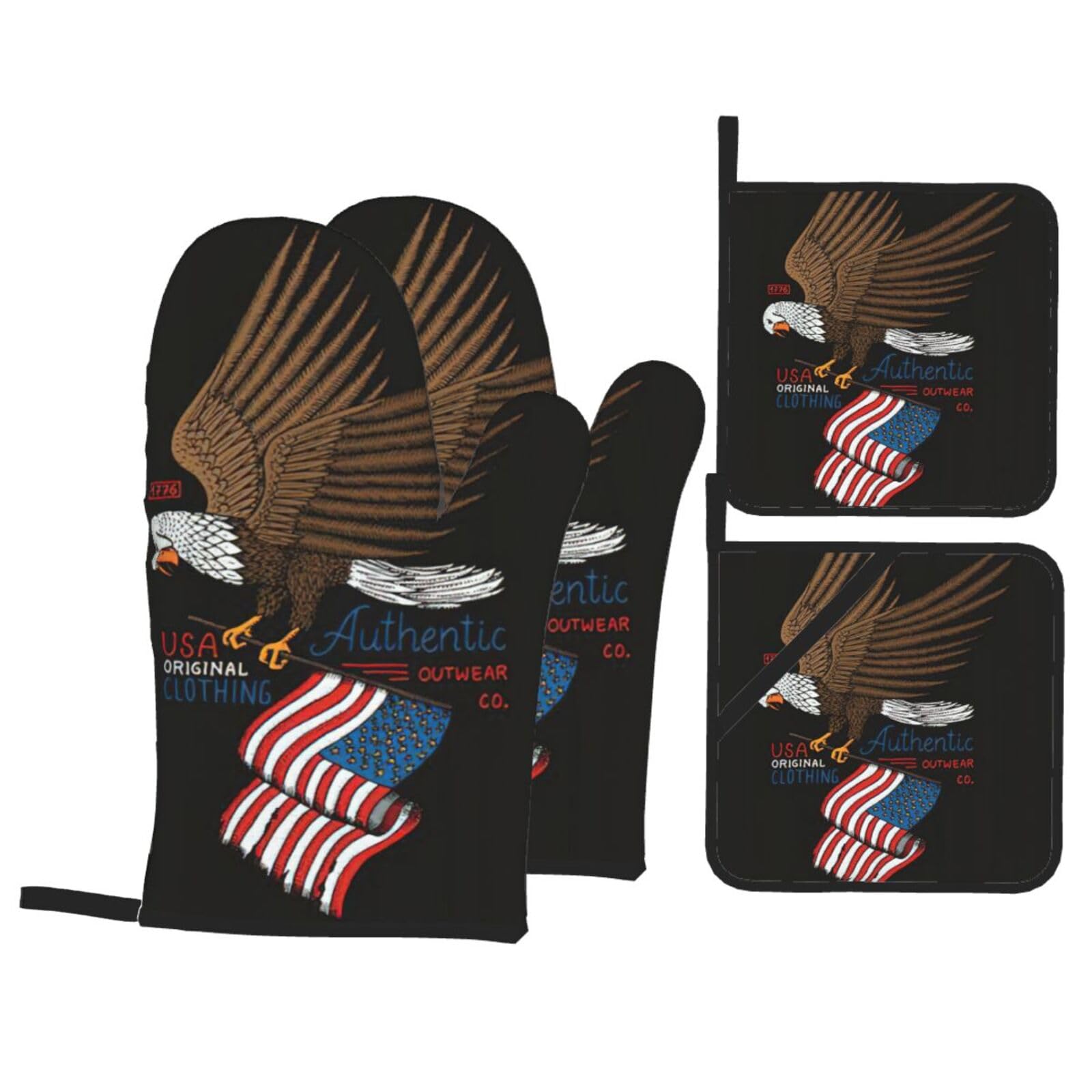 USA Patriotic Eagle with American Flag Print Stylish 4-Piece Microwaving Oven Waterproof Kitchen Gloves Baking Holiday Cooking
