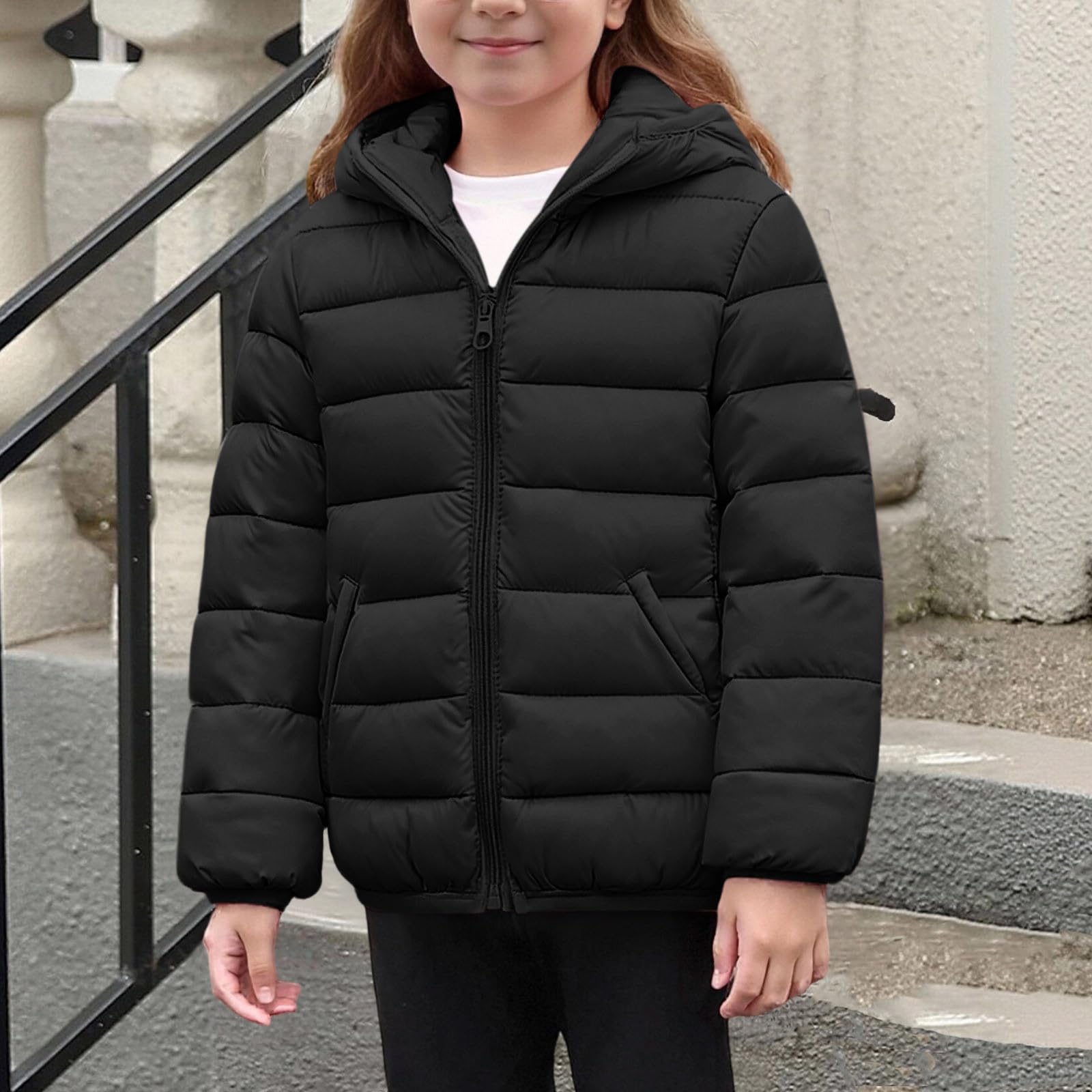 Manteaux d'hiver pour filles et garçons - Veste matelassée à manches longues et fermeture éclair - Chaude et légère - Coupe-vent - Veste matelassée décontractée - Âge 4-12 ans