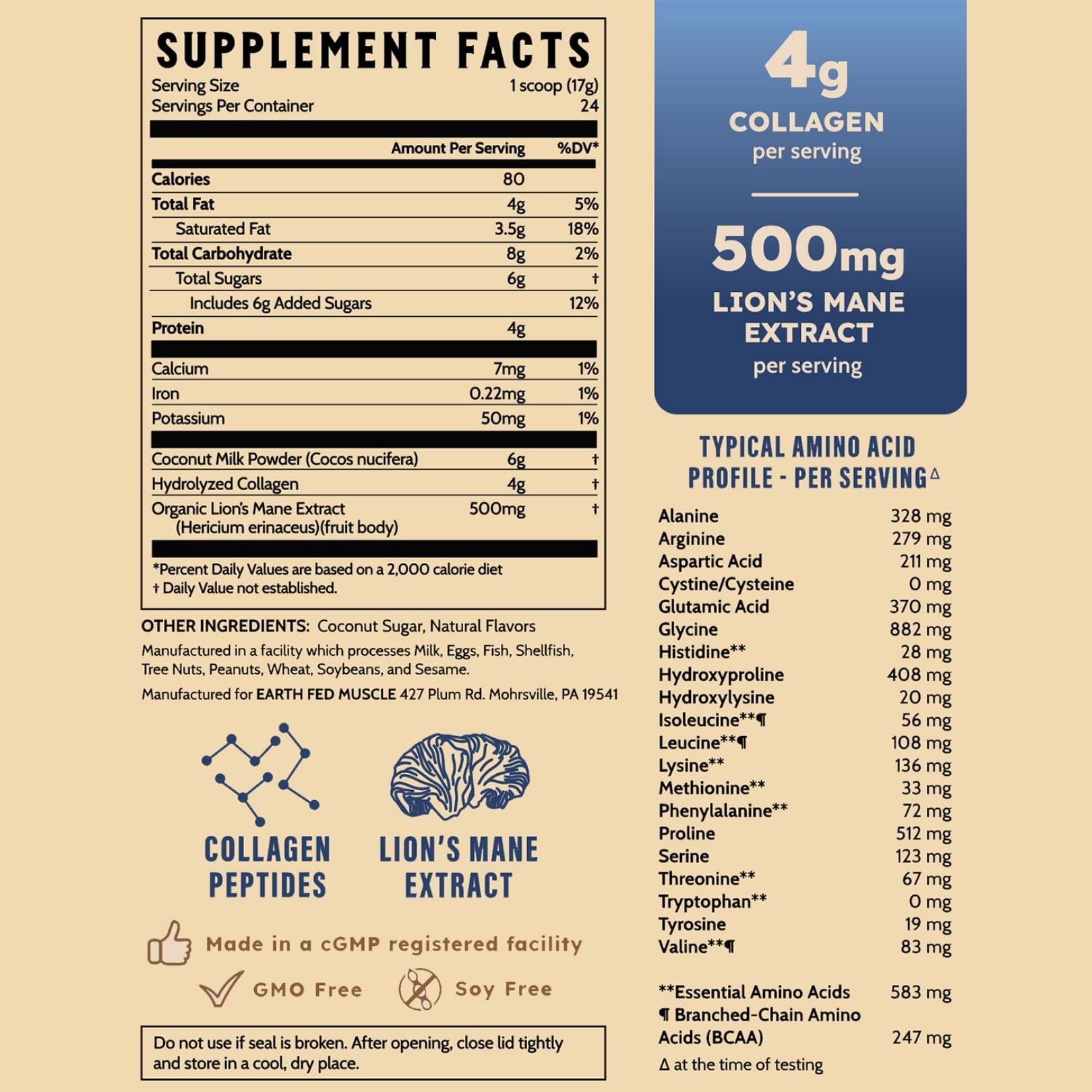 Earth Fed Muscle Morning Charge Protein Coffee Creamer with Collagen & Lion’s Mane – Organic Coffee Creamer with Adaptogenic Mushrooms – Dairy-Free, Soy-Free, Gluten-Free – 24 Serving