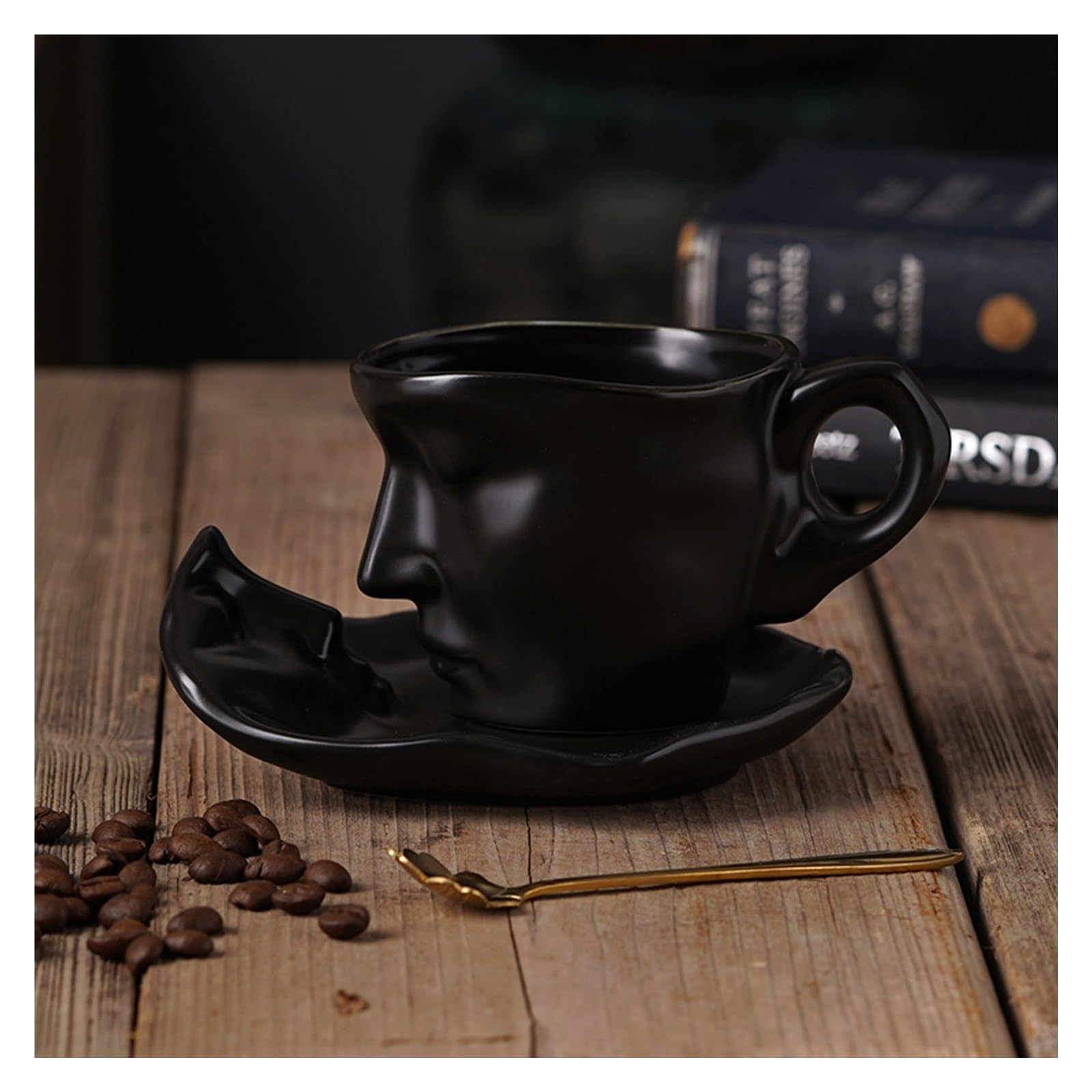 KYOFIS Kiss Coffee Mug, Tea Cup and Saucer Set Creative Ceramic Touching Face Coffee Mug Teacup for Couple Man Woman Unique Gift (Color : Black, Size : 250ml)