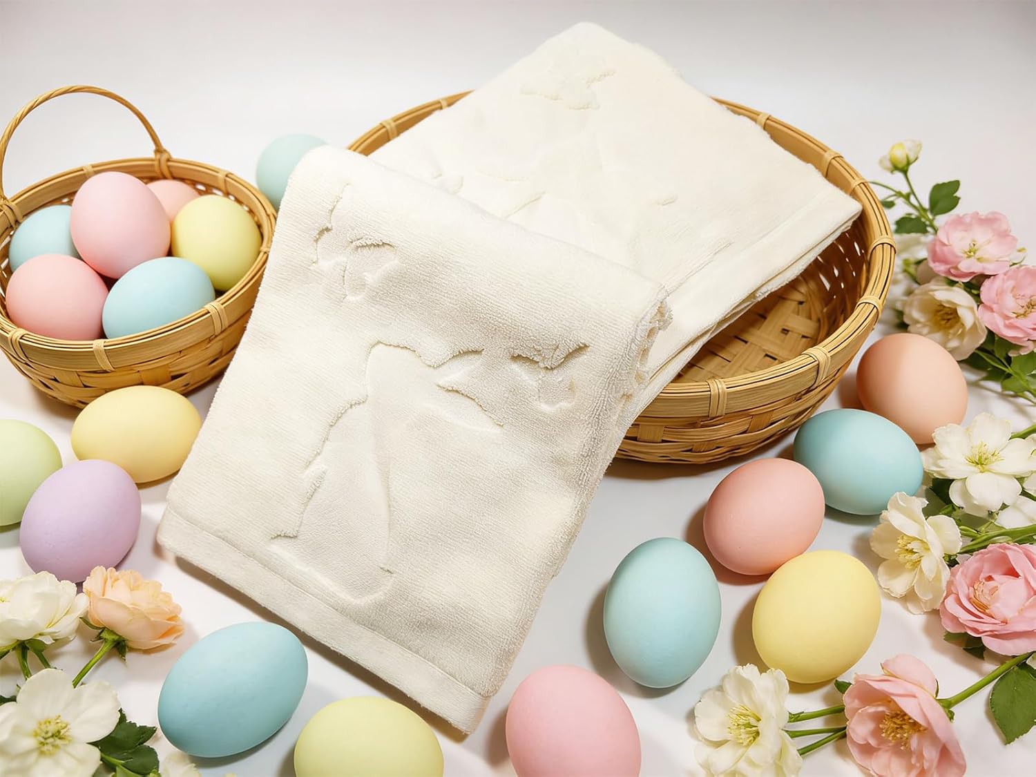 G.R.I 2Pack Jacquard Easter Rabbit Hand Towels Beige 3D Bunny Flowers Towels, Spring Butterfly 100% Cotton Soft Absorbent Hand Towel for Bathroom, Kitchen Decoration