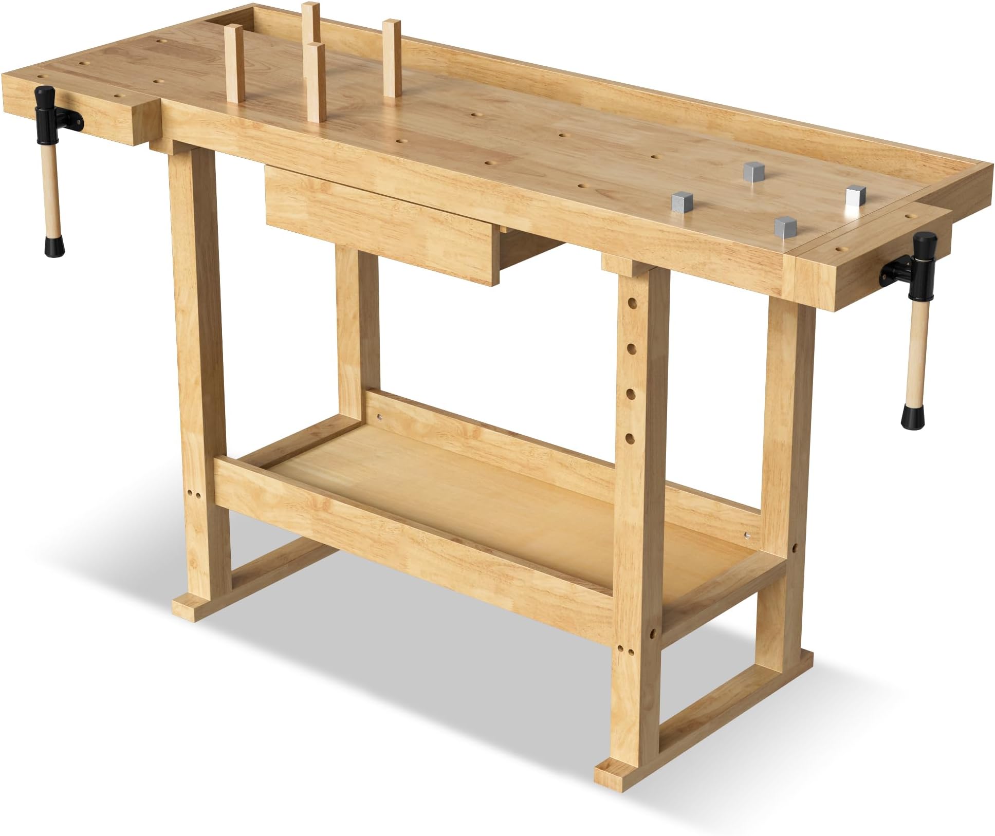 100% Solid Rubber Wood Work Bench, Heavy Duty Workbench with Drawer & Adjustable Handle, 350Lbs Load Capacity Woodworking Bench for Garage, Workshop, Home Storage
