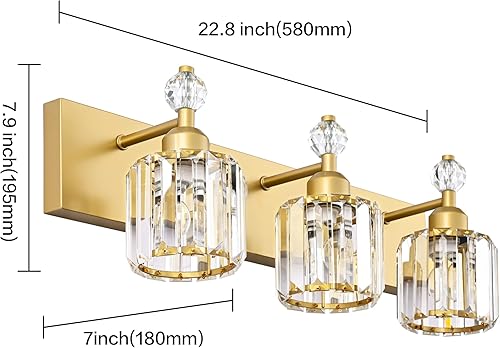 Miniatura 5 de PRESDE Lámpara de tocador de 3 luces de cristal para baño, lámparas de baño doradas sobre espejo, lámpara moderna de pared
