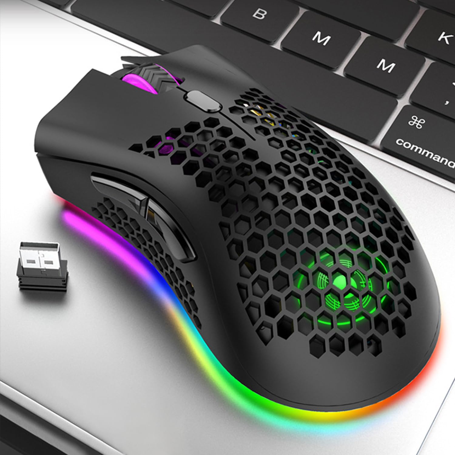 Honeycomb Wireless Game Mouse,2.4G Portable Computer Mouse,6 Programmed Buttons,Rechargeable Mouse with RGB Light,Gaming Mouse for Ergonomic,Wireless Mouse 400MA Lithium Battery