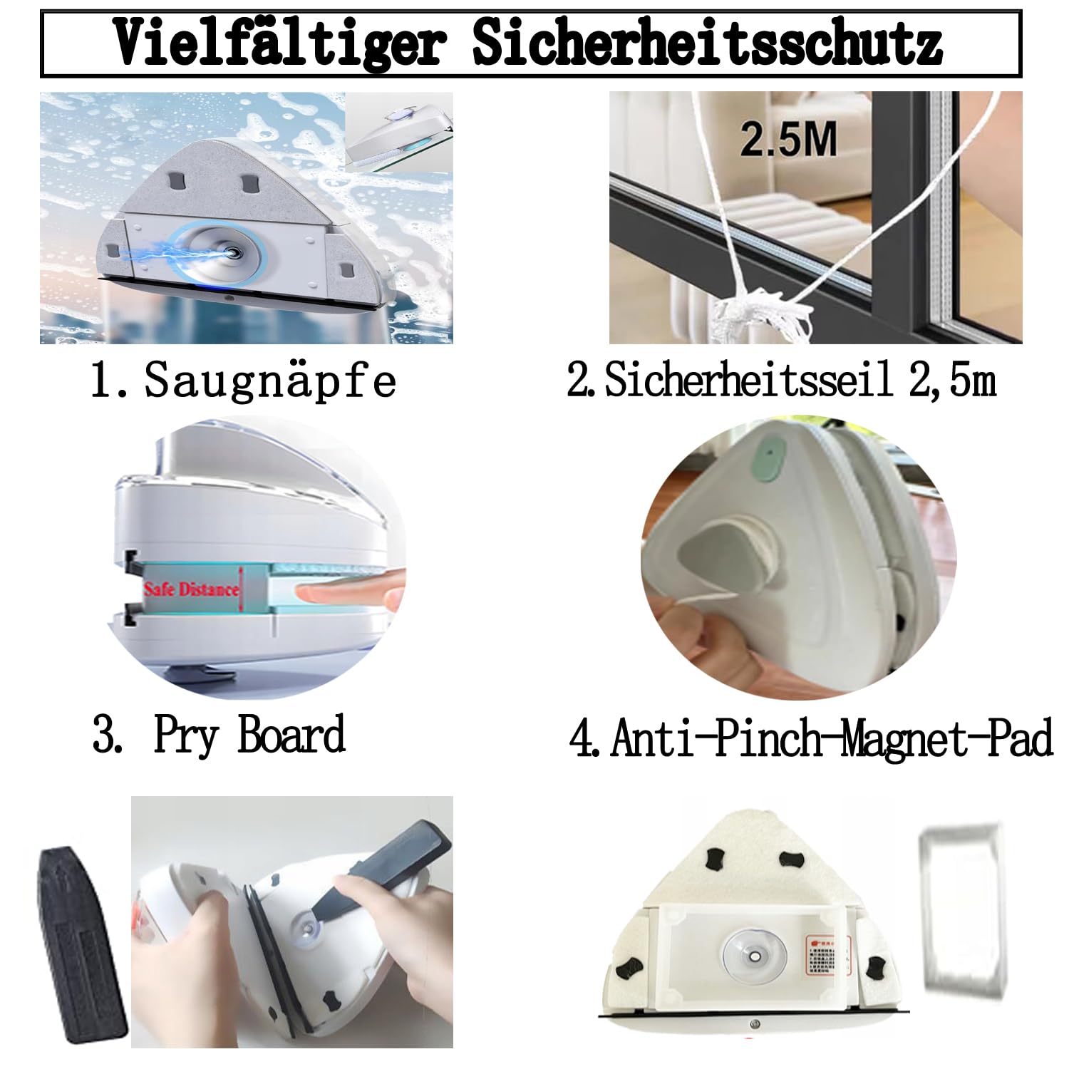 Hooha Fensterputzer Magnetisch Double Side Magnetic Fensterreiniger Einfachverglasung Doppelverglasungen Glasreinigungswerkzeuge mit Sicherheitsseil Speicherbarem Wasser3-8/8-15/15-26/25-35mm(25-35mm)