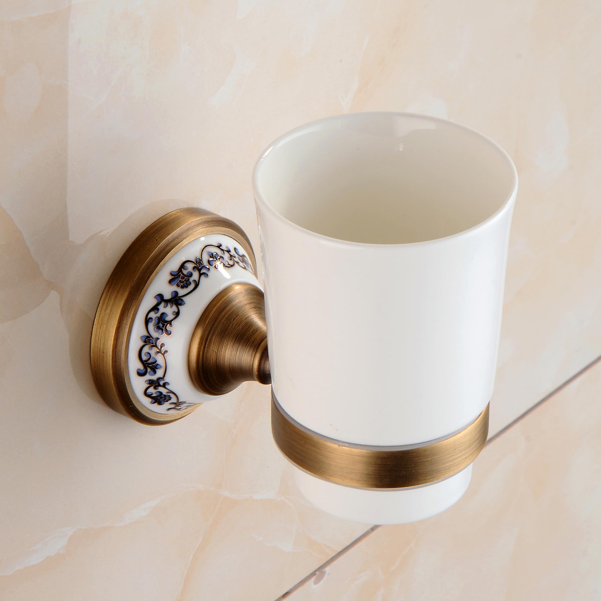 Antyczny brąz mosiężny uchwyt na szczoteczkę do zębów z białym ceramicznym kubkiem naścienny akcesoria łazienkowe stylowy porcelanowy design dla eleganckiej dekoracji domu