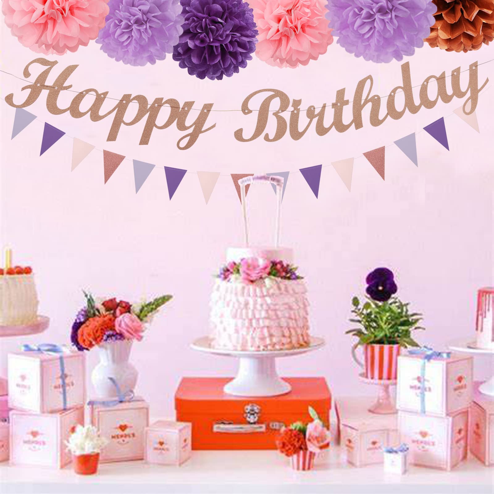 Rose-Gold Pink-Purple Birthday Party Decorations - 31pcs Tissue Pom Poms Streamers,Baby Shower Decorations Girl Women Tassel Garland,25th 30th 40th 50th Happy Birthday Banner Decor Panduola