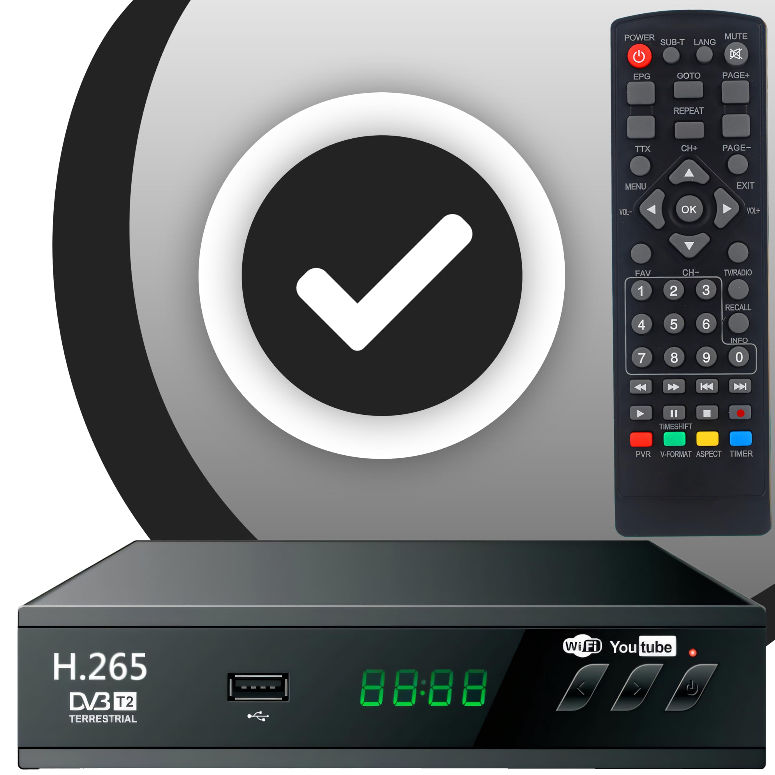 Retoo Odbiornik DVB-T2 HD z H.265 HEVC, odbiornik cyfrowy z HDMI, SCART, funkcją nagrywania PVR, Timeshift i USB, tuner TV Full HD do telewizji kablowej, z pilotem sterującym i kablem