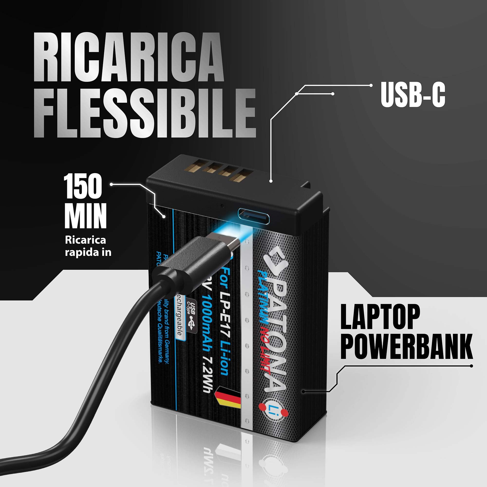 PATONA 2x Platinum Batteria LP-E17 (1000 mAh) con USB-C – per Canon EOS RP R10 R50 R100 77D 200D 250D 750D–800D M3 M5 M6 II – ricarica diretta nella batteria (parz. decodificata)