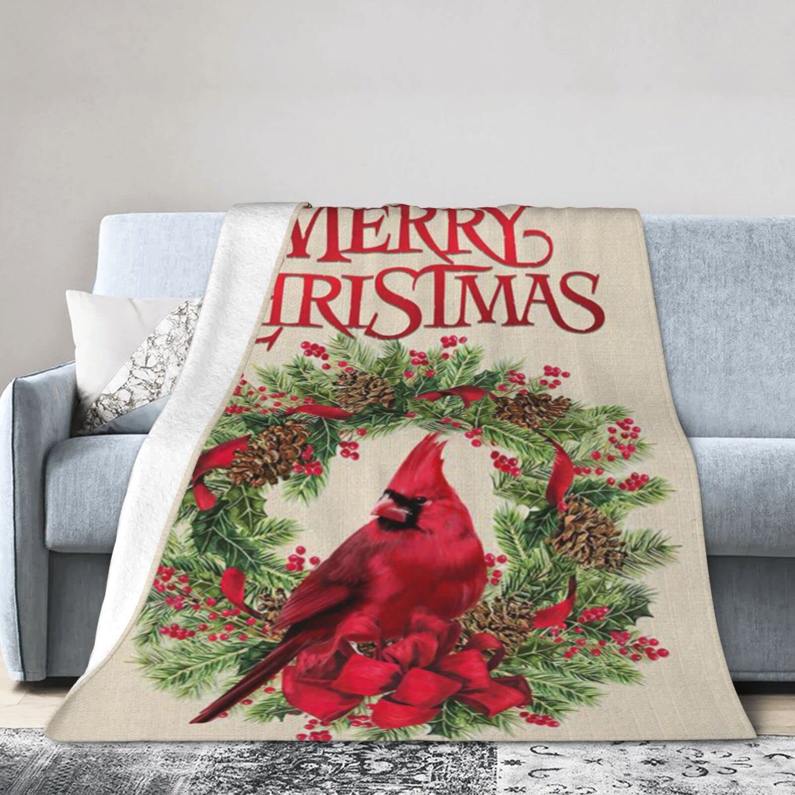 Lsjuee Flannel Fleece Blanket 40"X30" Merry Christmas Cardinal Bed Throw Blanket Quality Ultra-Soft Travel Winter Blankets for Kids Keep Warm