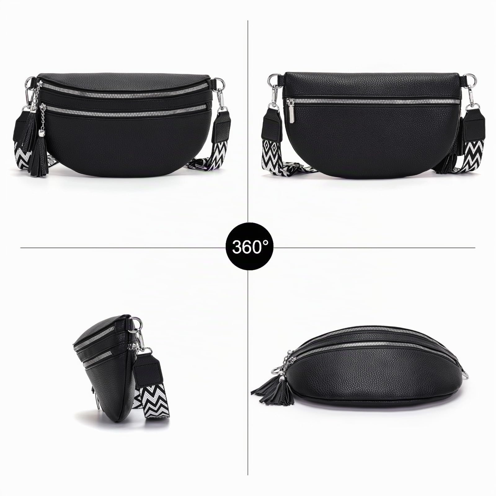LANXINGLUO bolso riñonera mujer bolso bandolera mujer Con compartimento para tarjetas de crédito y 2 correas para el hombro negro