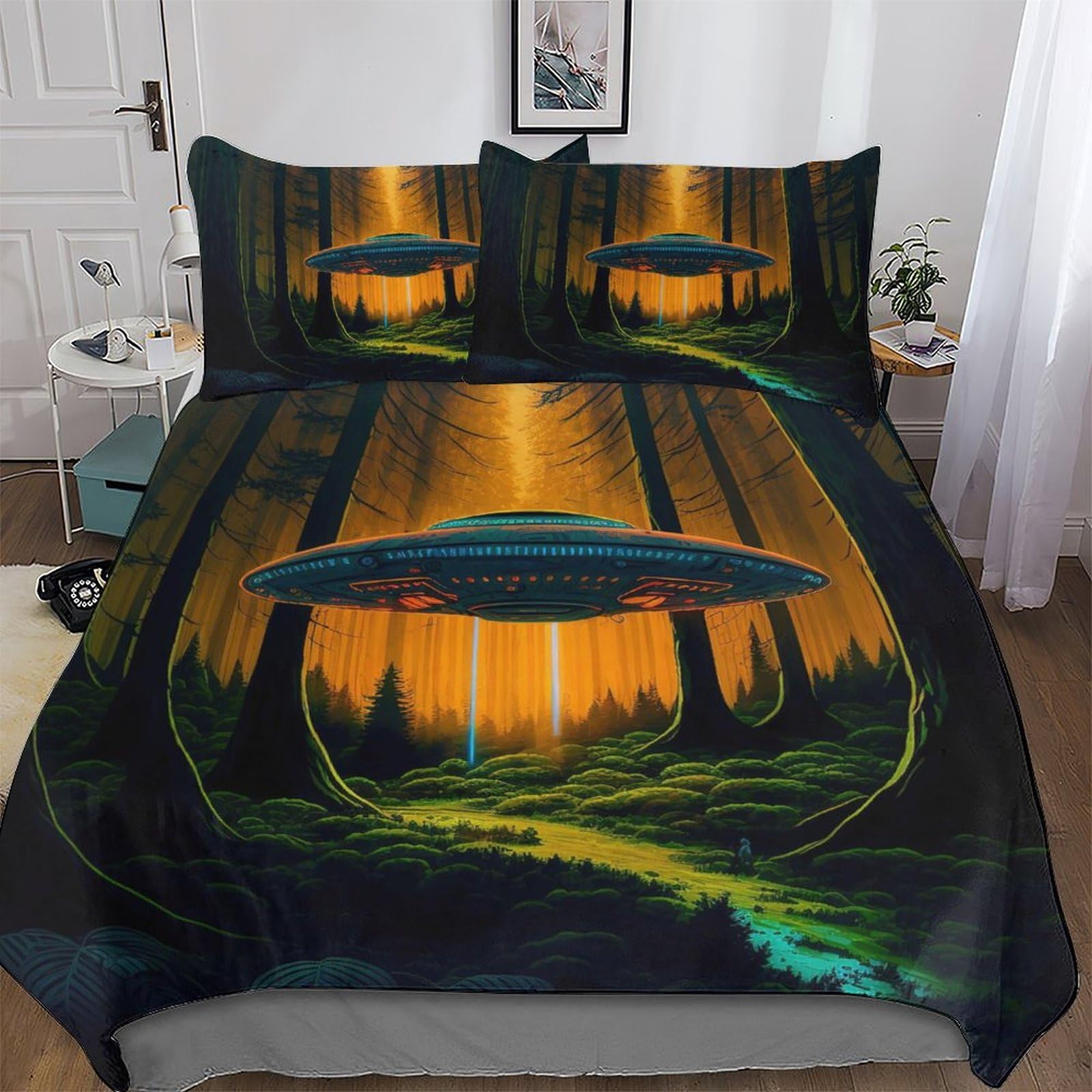 Pazzk Alien Spaceship-1 Alien Spaceship Soft Microfiber Duvet Cover With Pillowcases Wrinkle Free Comforter Cover Zipper Closure Cover Polyester Quilt Covers For Adults Teenager Kids Bedding Single (135X200cm)