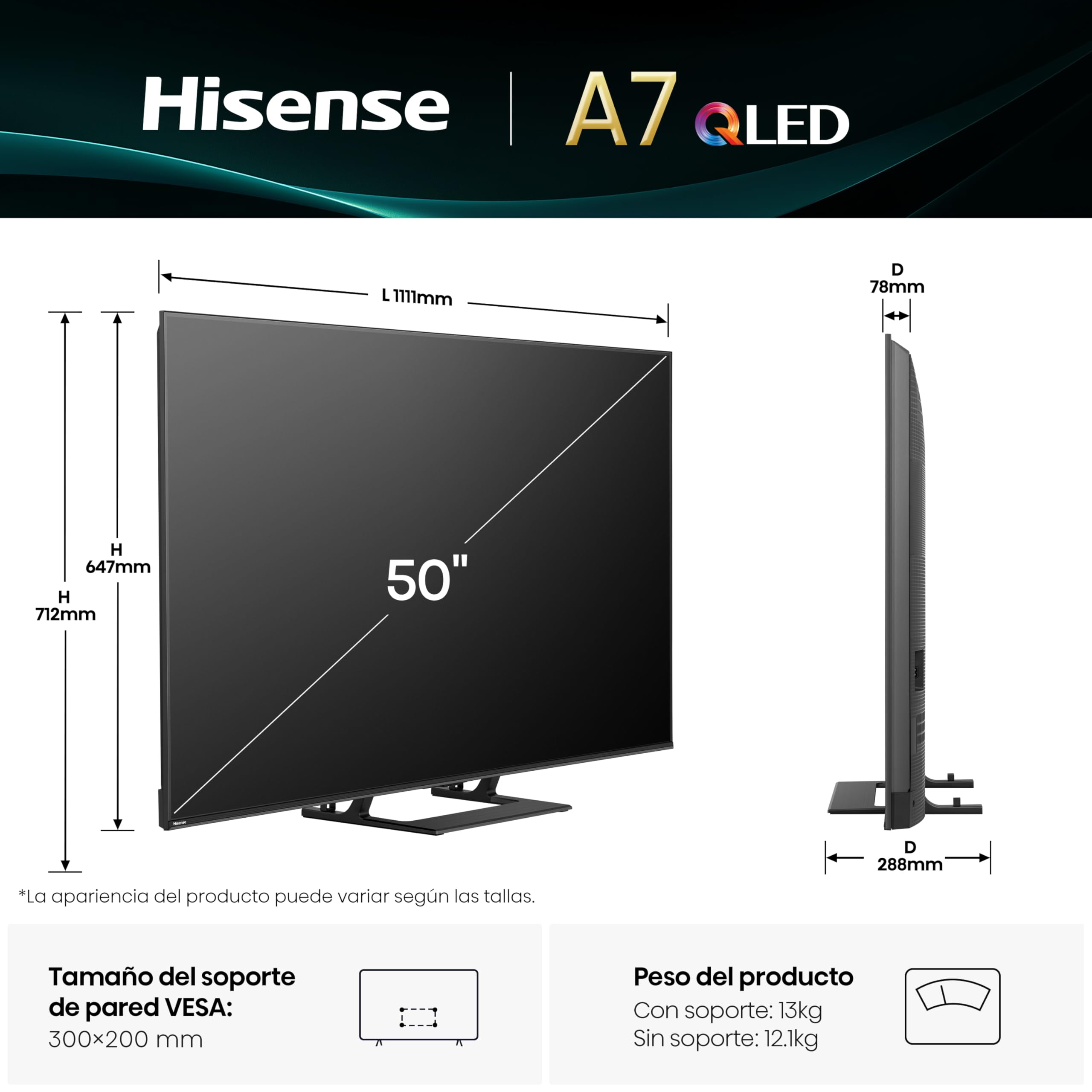 Hisense 50A7Q - QLED Smart TV 50 Pulgadas, Movimientos Suaves IA, Dolby Vision, Dolby Atmos, Subwoofer Integrado, Modo Juego Plus, Modo Deportes IA, Bluetooth & HDMI 2.1, Control por Voz Alexa