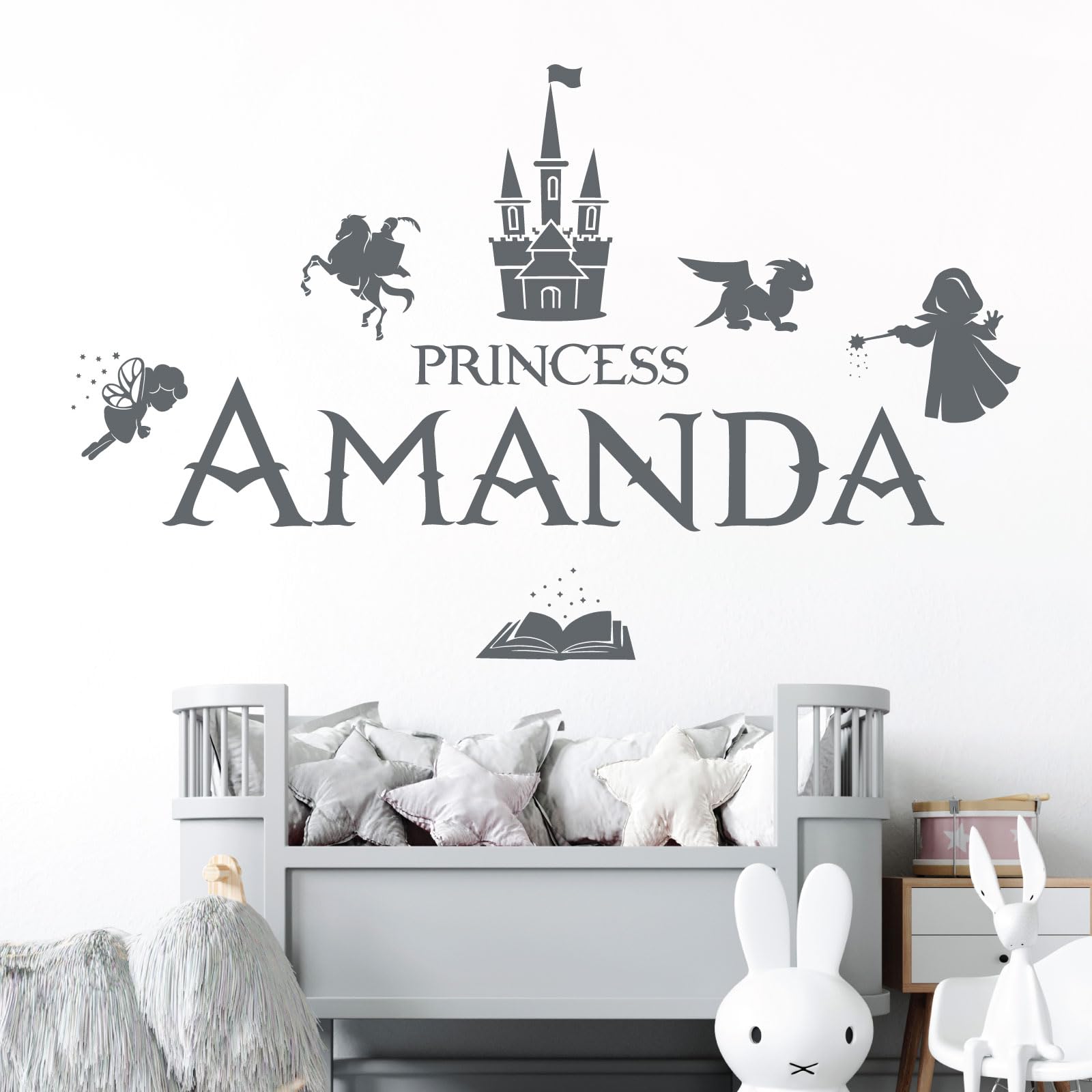 Personalised Name Girls Wall Art Sticker - Princess Castle Dragon Knight Magic Tale Wizard [Large] [Dark Grey]