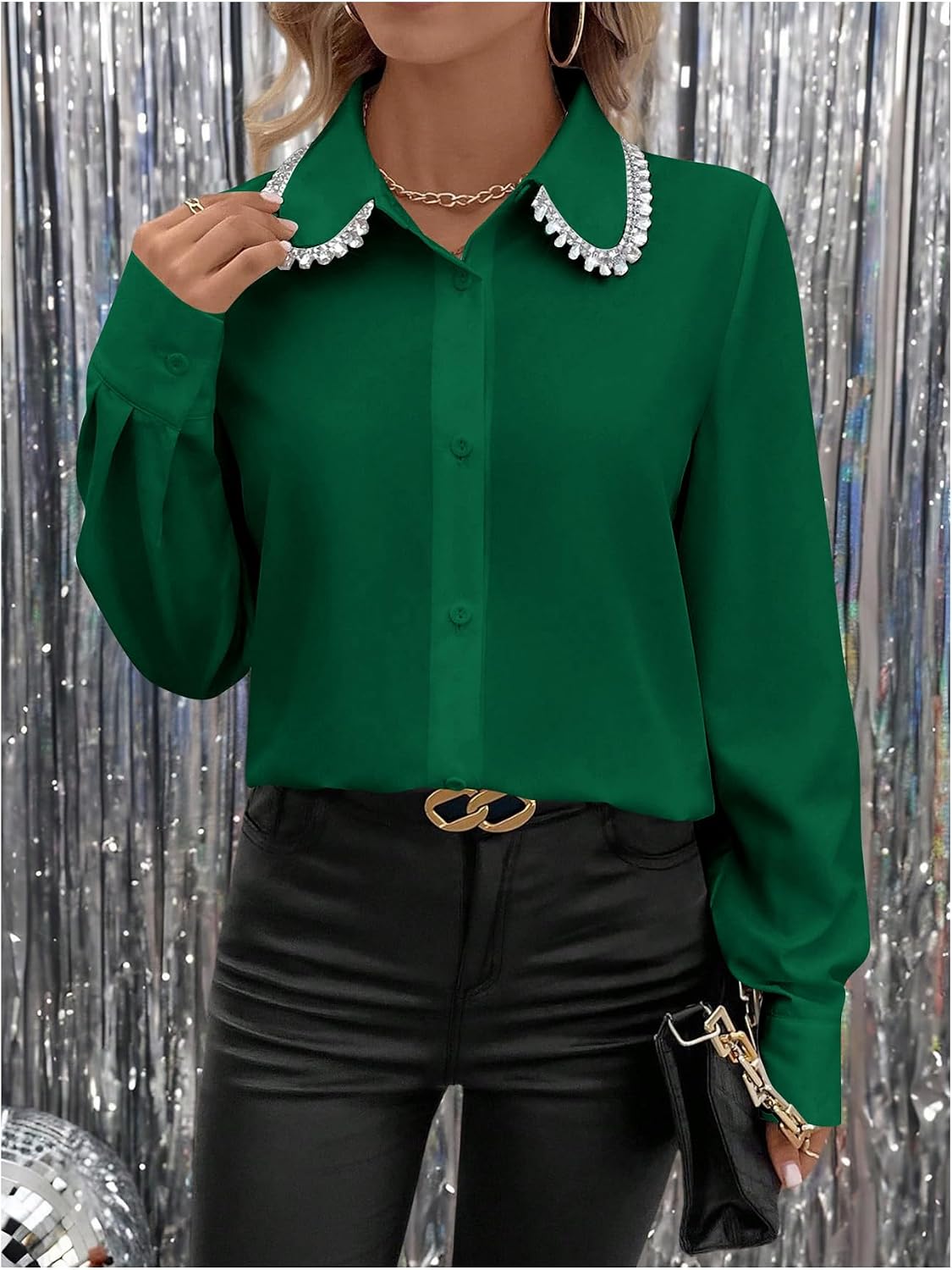 SweatyRocks Women's Long Sleeve Button Down Blouses Rhinestone Decor Work Tops