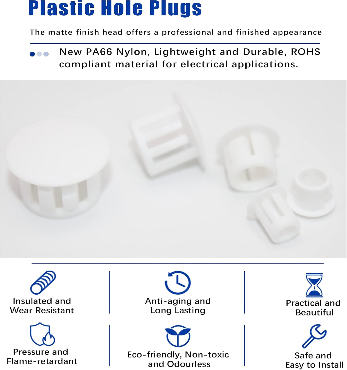 300 PCS 5 Sizes Plastic Hole Plugs White 3/16, 1/4, 5/16, 3/8, 1/2 Inch Round Hole, Snap in Knockout Locking Flush Type Furniture Hardware Kitchen Cabinet Cupboard Shelves Screw Covers Caps