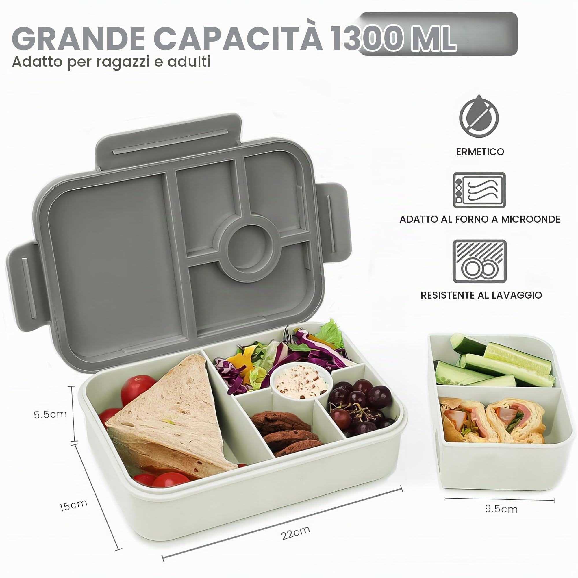 Bugucat Lunch Box 1300ML, Portapranzo Bento Box Contenitori 5+2 Scomparti, Pranzo Impilabile Schiscetta Pranzo da Ufficio, Porta Pranzo ermetico con Forchetta e Cucchiaio Microonde Sicuro,Grigio