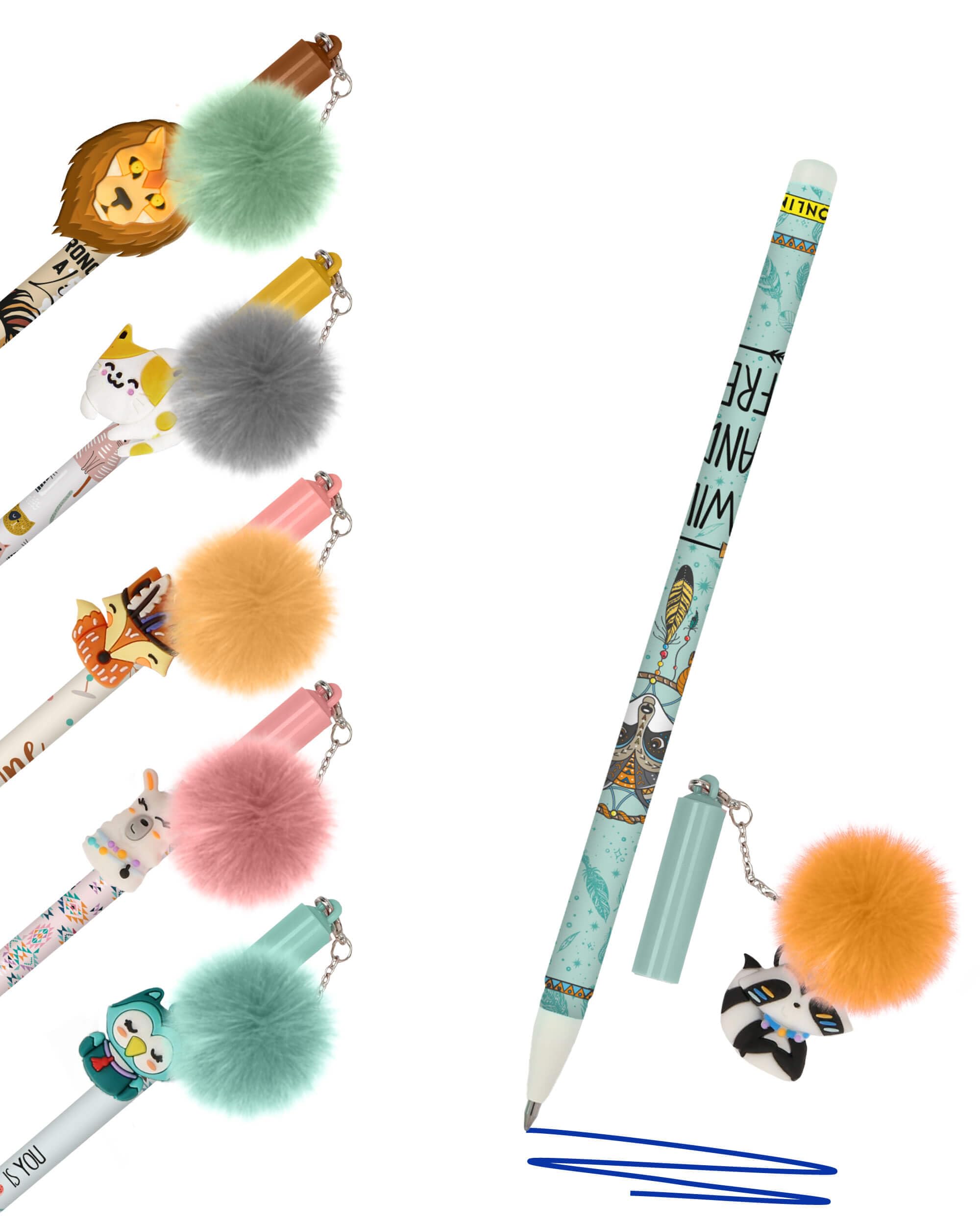Online magiXX Cap Charms Gel Pens with Fluffy Pompom Animal Design Blue 0.7mm Line Thickness School Office Gift for Kids — image 1
