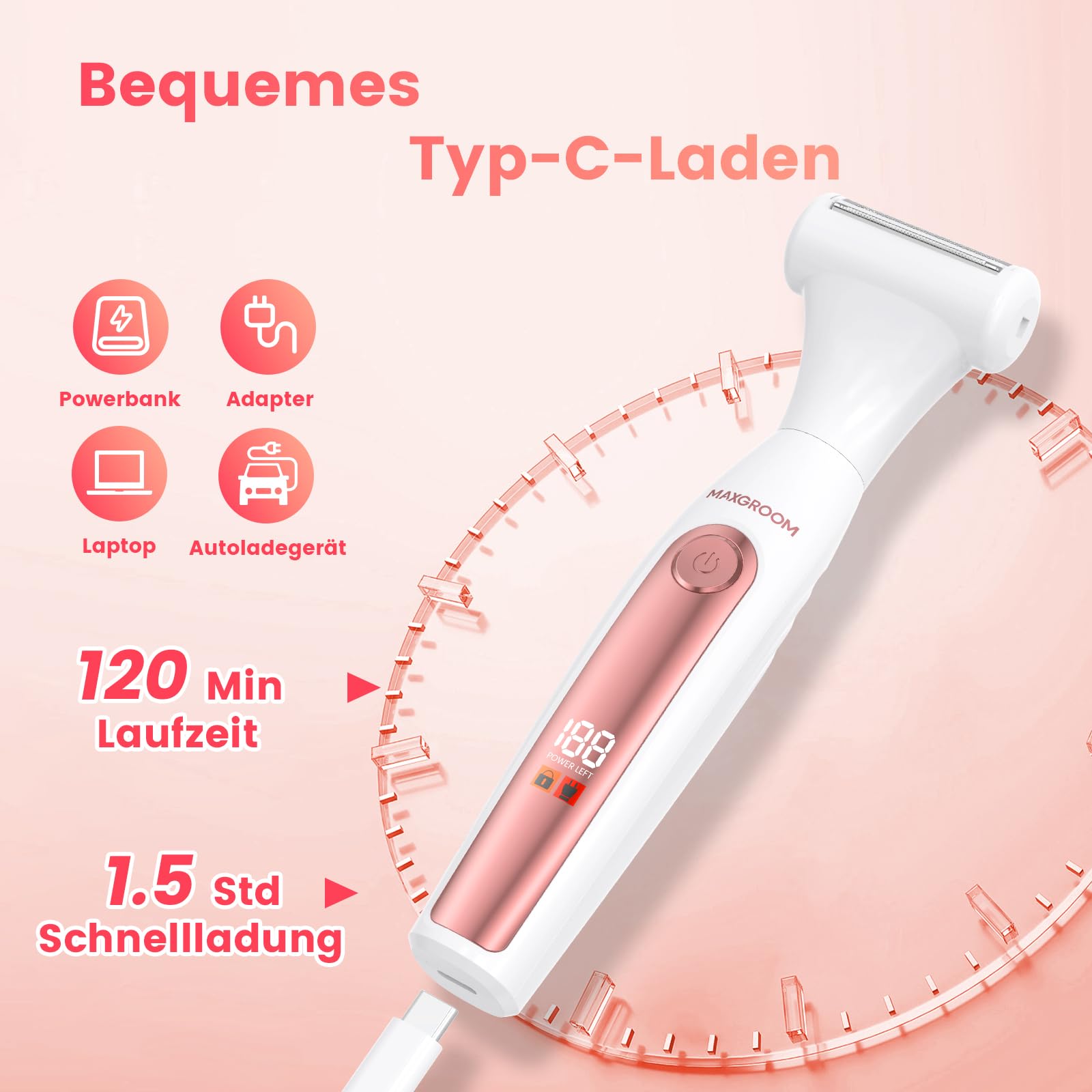 MAXGROOM Intimrasierer für Frauen,4-in-1 Elektrischer Körperrasierer Damen,Nass-Trocken Bikini Trimmer,Körperhaartrimmer für Augenbrauen,Gesicht, Intimbereich,Akku Elektrorasierer mit LED (Mehrfarbig)