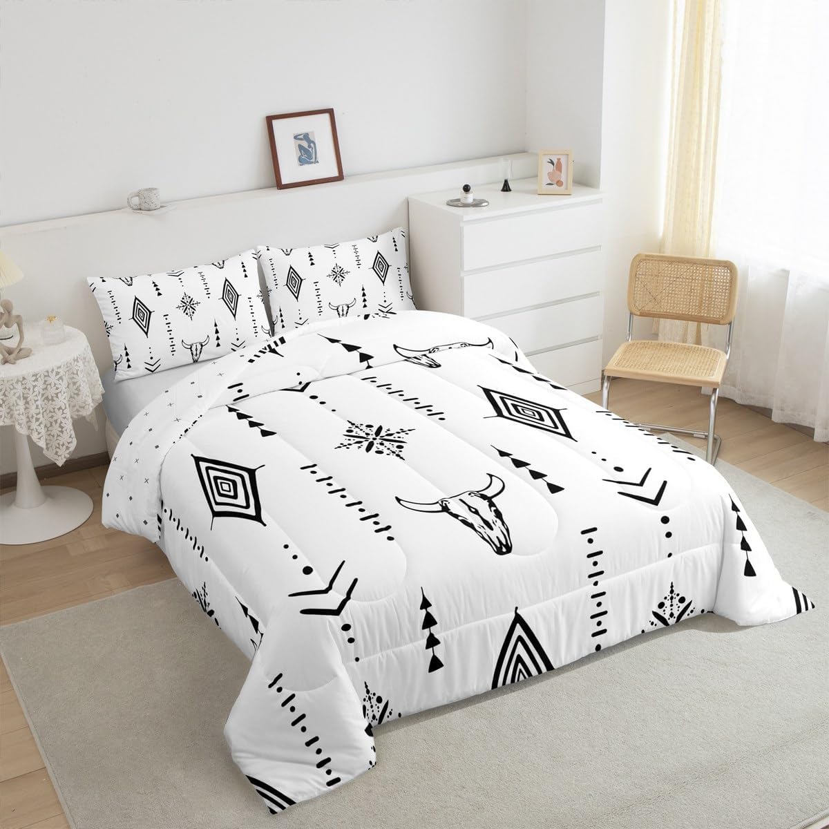 Erosebridal Western Bull Skull Comforter Set King Size Boho Aztec Bedding Set for Adults Men Boys Ethnic Cow Tribal Comforter Geometric Black and White Quilt Abstract Minimalist Ethnic Bedroom Decor