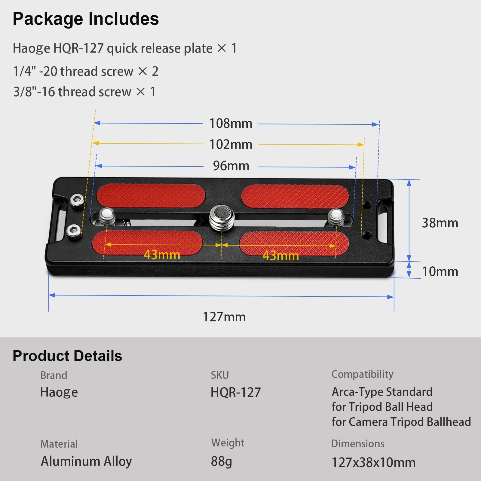 Haoge HQR-127 Arca-Platten für Stativ-Kugelkopf, 127 mm, universelle Arca Swiss Schnellwechselplatte für Stativ-Kugelkopf, mit handverstellbarer Edelstahlschraube von 1/4 Zoll und 3/8 Zoll