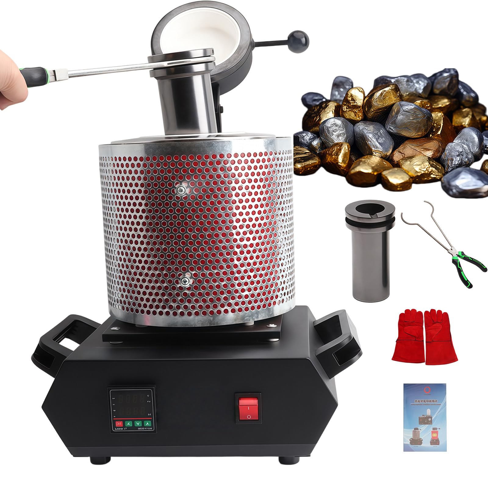 GYKOZY Electric Gold Melting Furnace,Rapid Heating 1150°C / 2102°F Max, with Graphite Crucible,for Gold, Silver, Copper, Scrap, DIY Casting & Jewelry Making Black-3Kg (Red 2Kg)