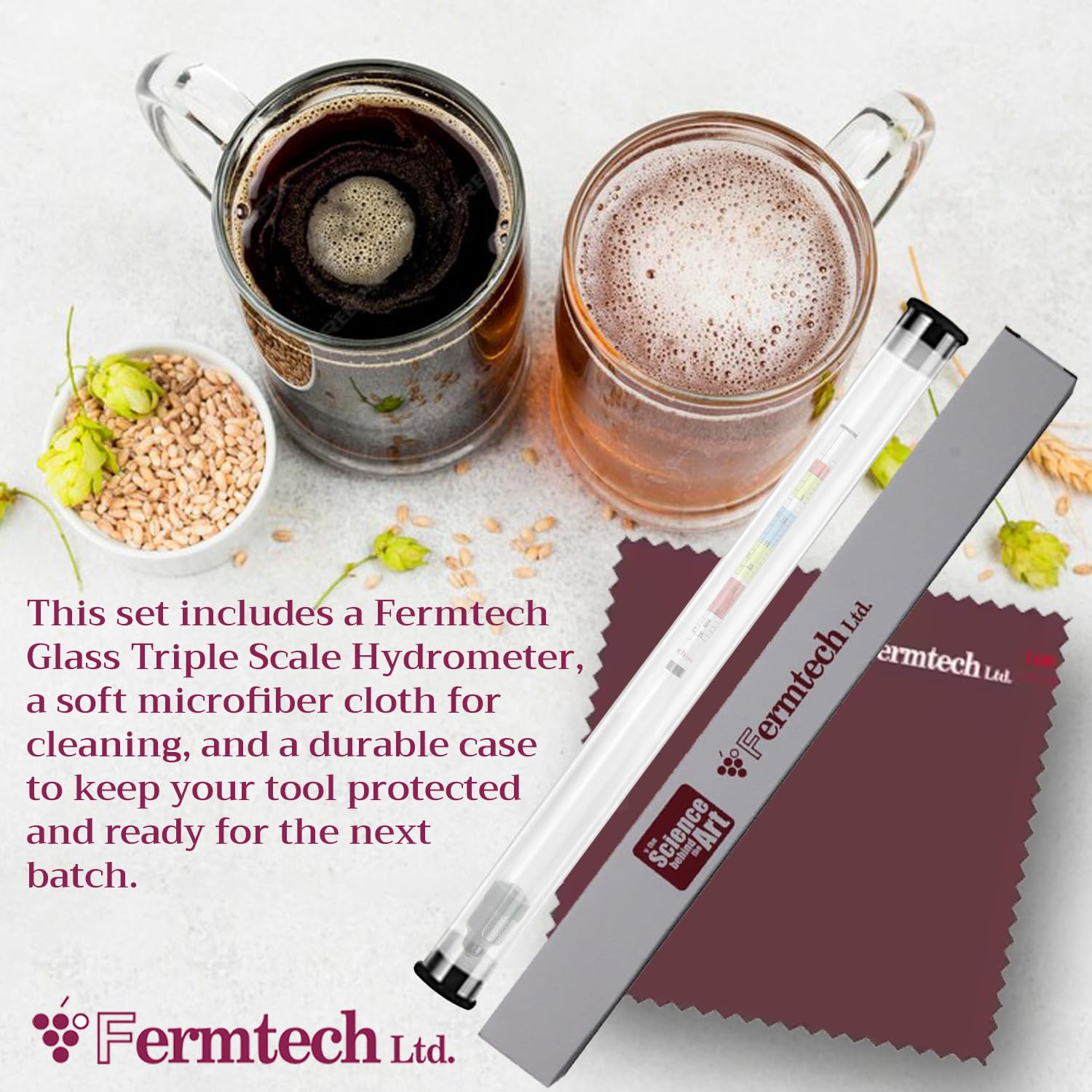 Hidrómetro para vino, cerveza y kombucha - Hoja de limpieza y caja de almacenamiento ABV