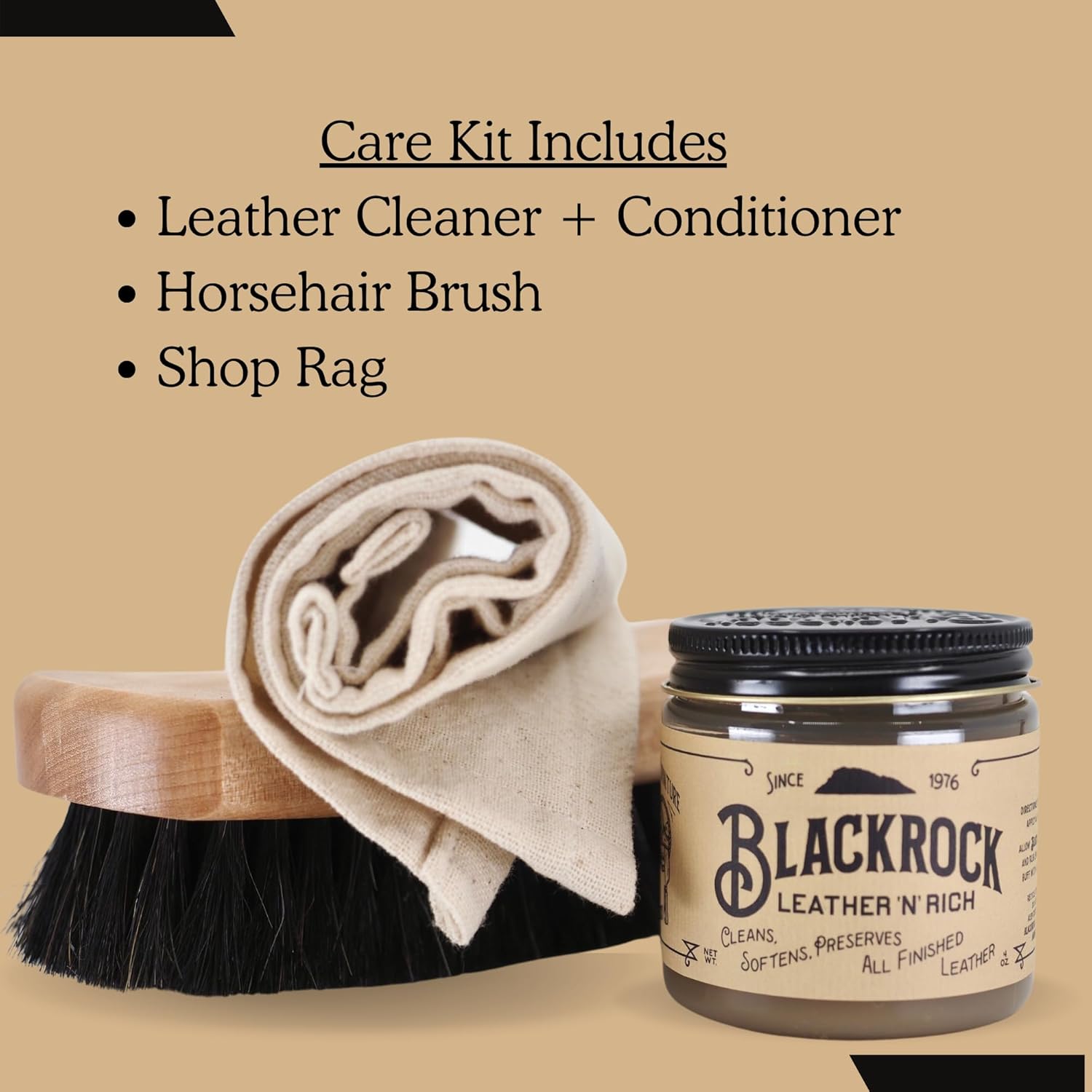 Blackrock Leather N Rich Leather Care Kit. 2-in-1 cleaner and conditioner for sofas, boots, purses, car interiors, horse tack. Made in the USA. Easy to use. Make your leather last longer.