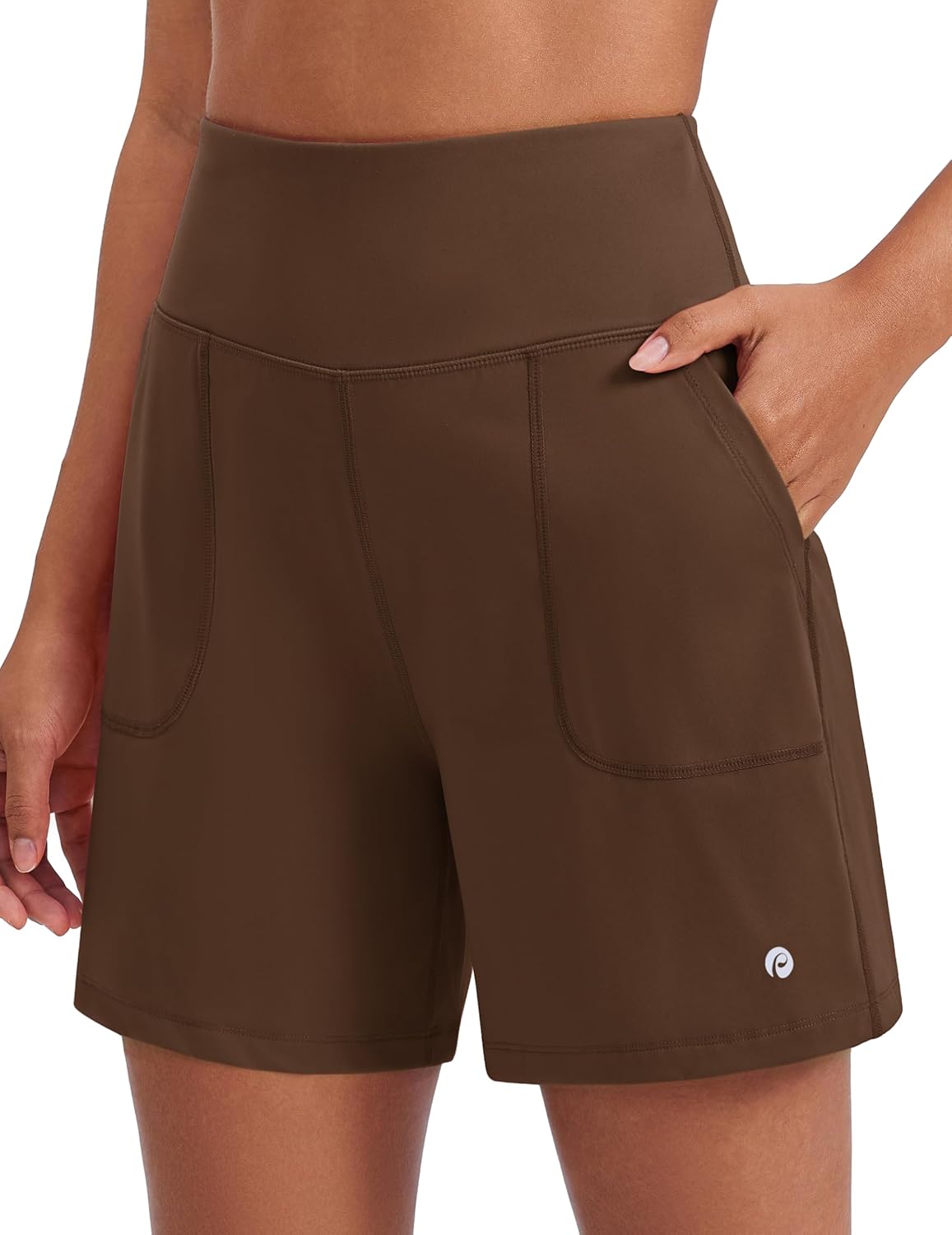 PINSPARK Women's Athletic Shorts 6" High Waisted Yoga Shorts with Pockets Soft Tummy Control Workout Running Shorts for Gym