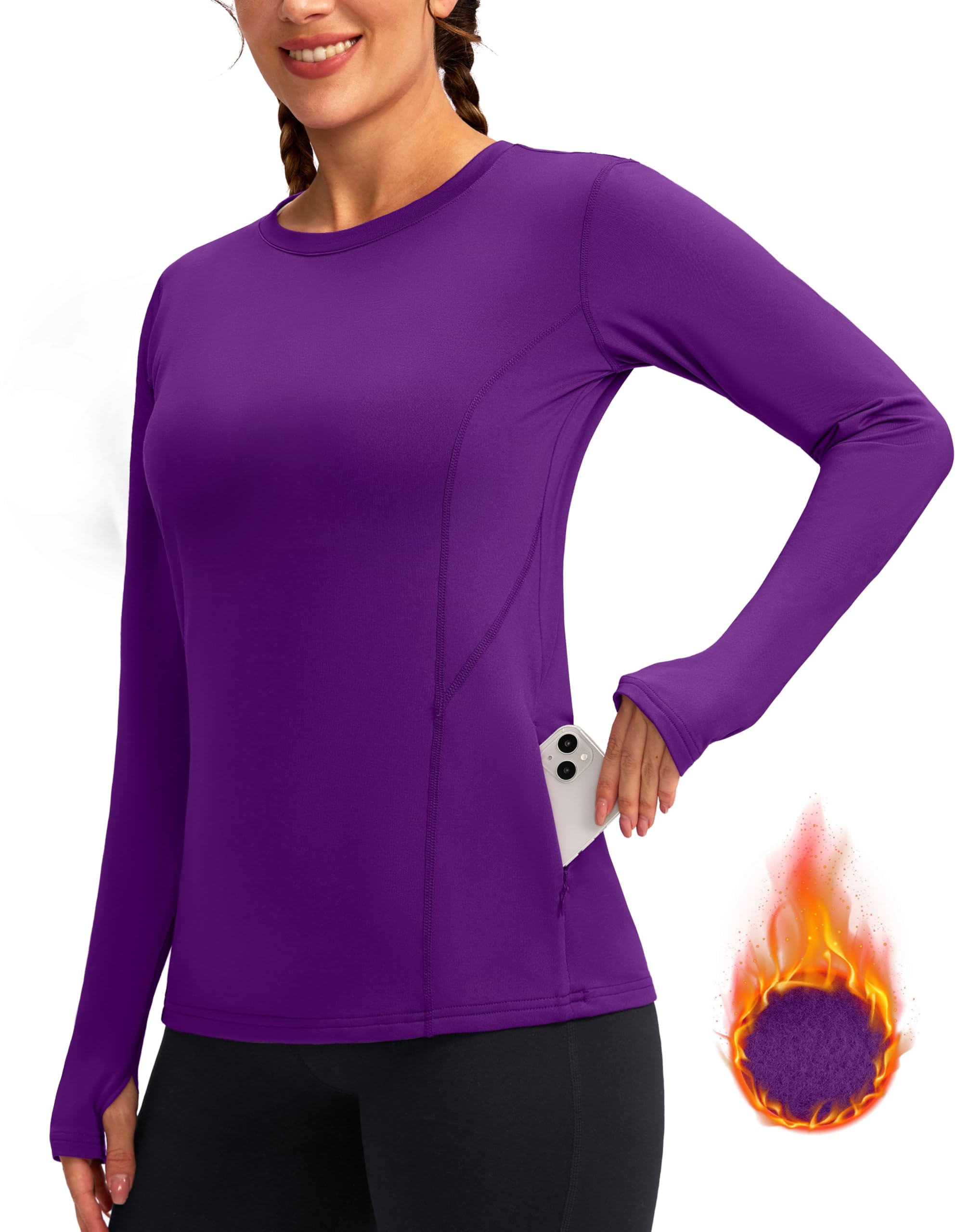 Women's Thermal Fleece Tops Long Sleeve Workout Shirts with Zipper Pocket