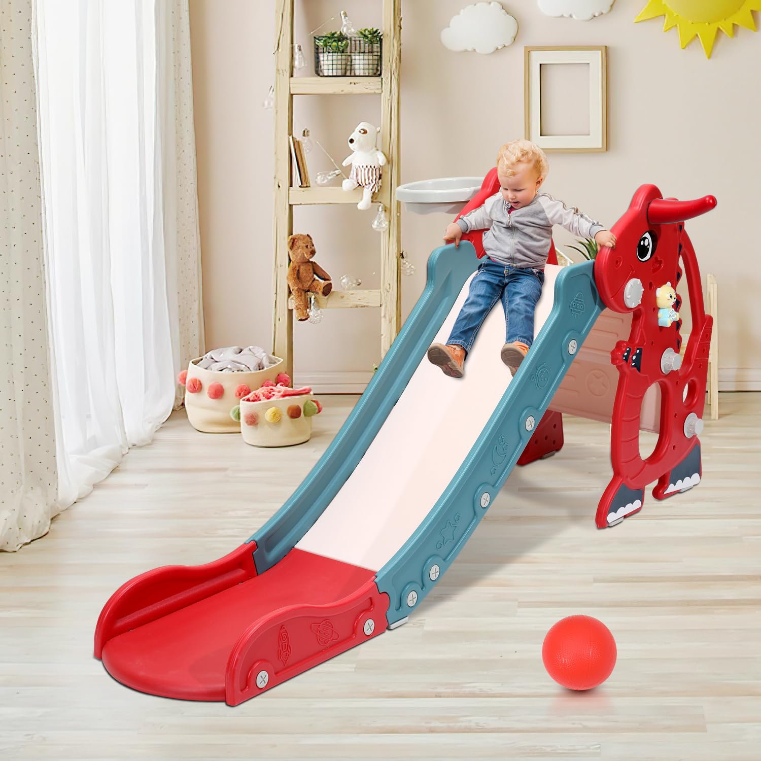 Scivolo 4 in 1 per bambini con macchina inglese Early Learning Machine, scivolo per bambini dai 2 anni in su, per interni ed esterni, colore rosso
