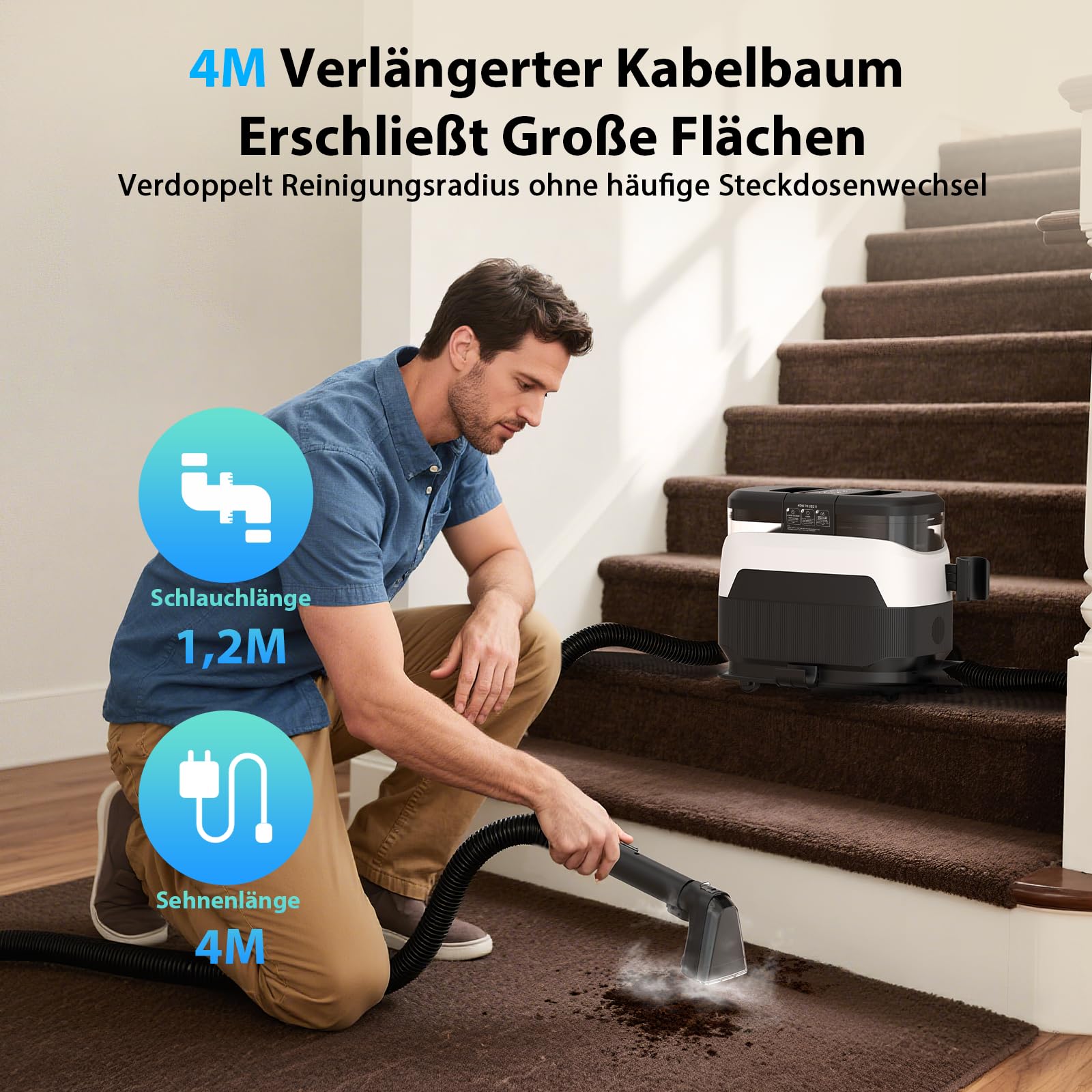 Dampfreiniger 1650W Polsterreiniger Gerät Nasssauger Waschsauger mit Starker Saugkraft, 1250ML Wassertank, Hochtemperaturdampf Teppichreiniger für Teppich, Sofa, Vorhänge, Polster, Autositz