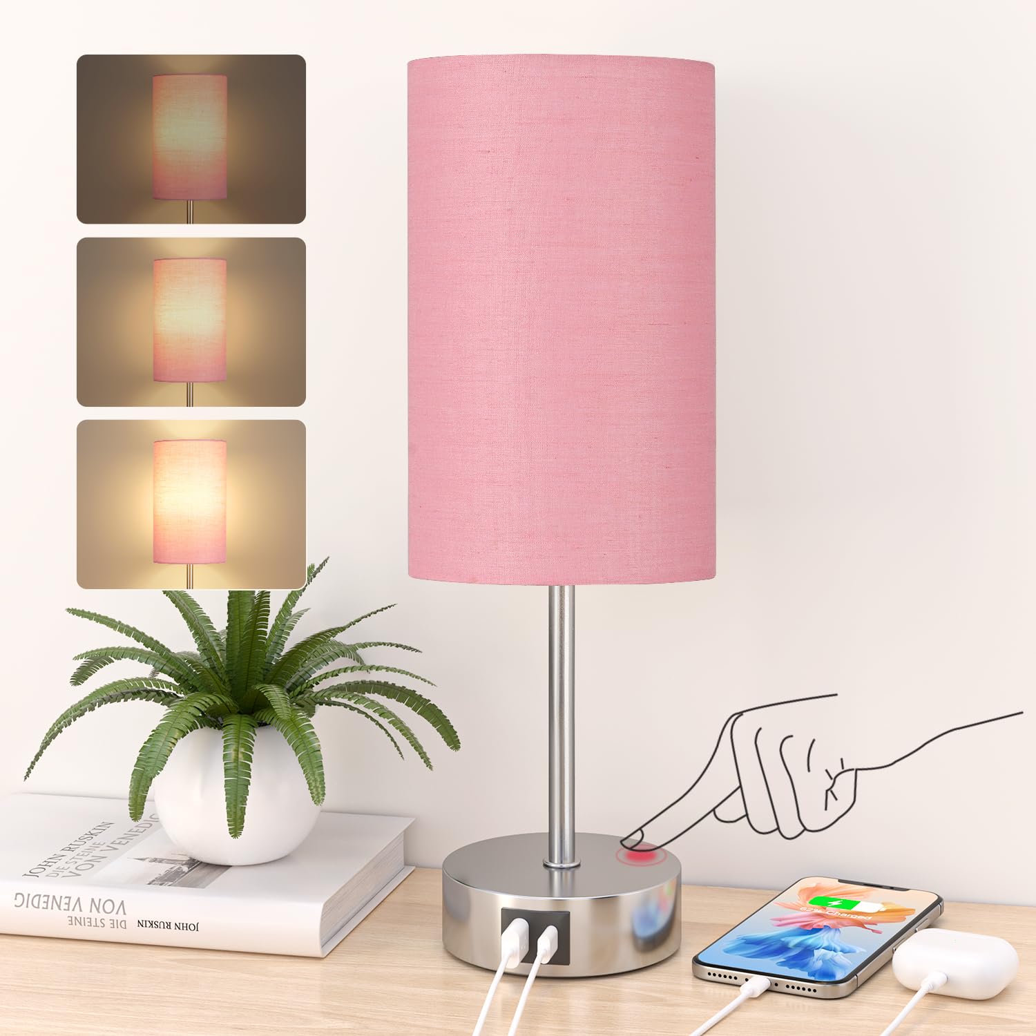 STANBOW Lamparas de Mesita de Noche Tactil Regulable, Lampara de Mesa con Puertos de Carga USB A+C, Pantalla Lamparas de Lino, Lamparas Pequeña para Dormitorio, Sala de Estar, Habitación de Bebé