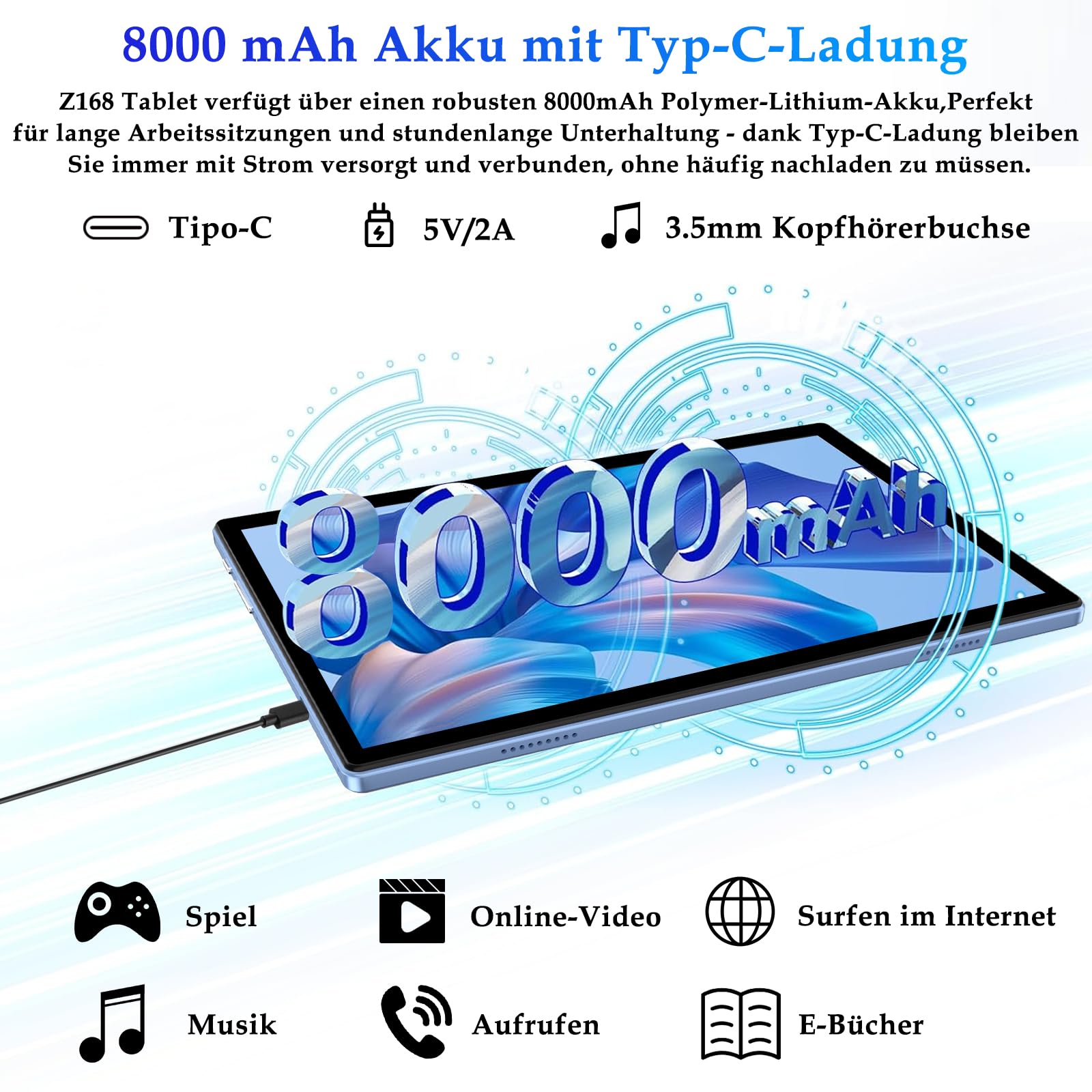 ZIOVO Android Tablet 10 Zoll Gemini AI mit 22GB RAM+128GB ROM(TF 2TB), 5G WiFi, Octa-Core 2.0GHz, Widevine L1, 8000mAh, BT 5.0, 5MP+8MP, GPS, Tablet mit Tastatur, Maus - Blau