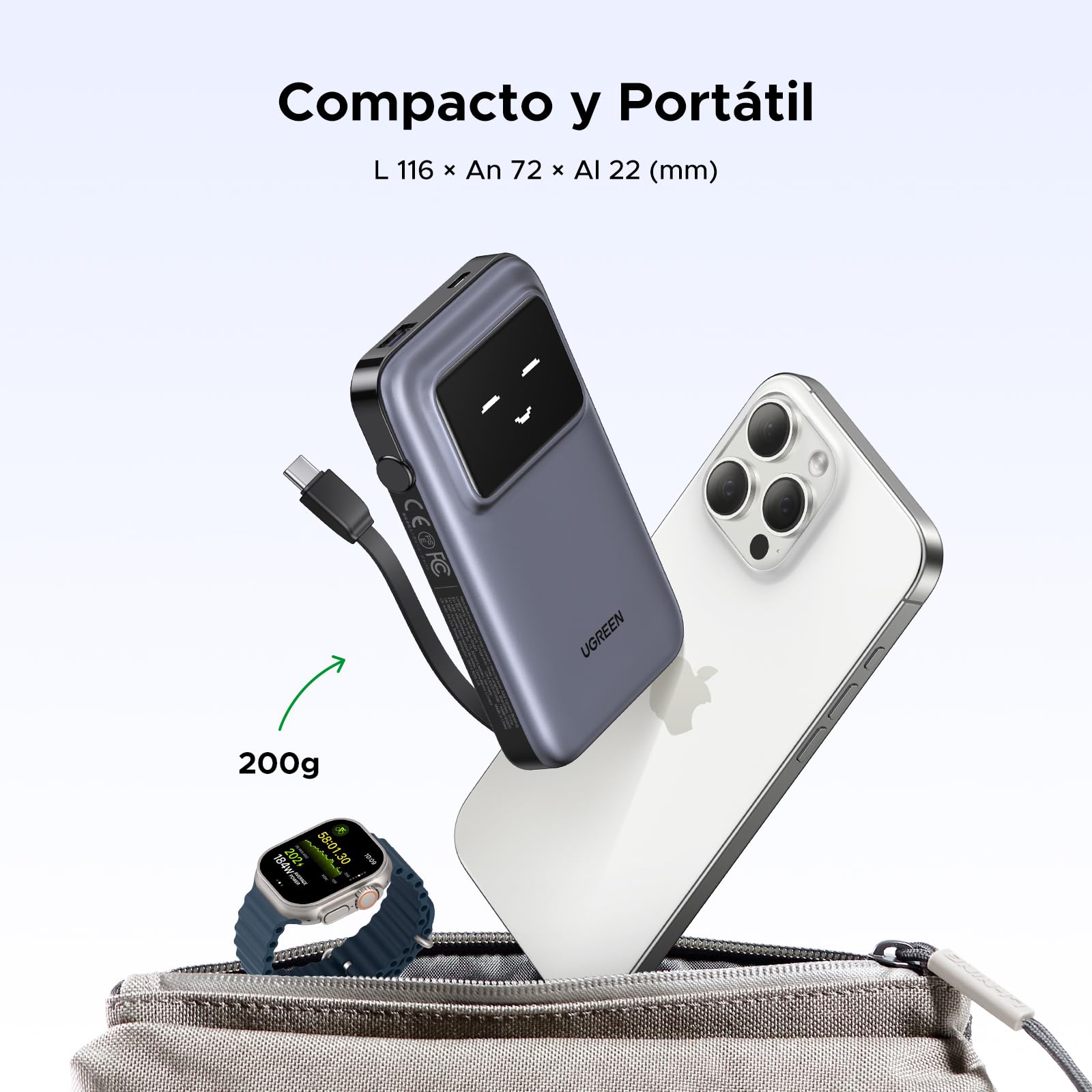 UGREEN Uno Power Bank 10000mAh, Cargador Portátil PD 30W con Cable Type C Integrado, Compatible con iPhone 16/15 Plus Pro MAX, Galaxy S24 S23, Pixel 9/8/7, etc.