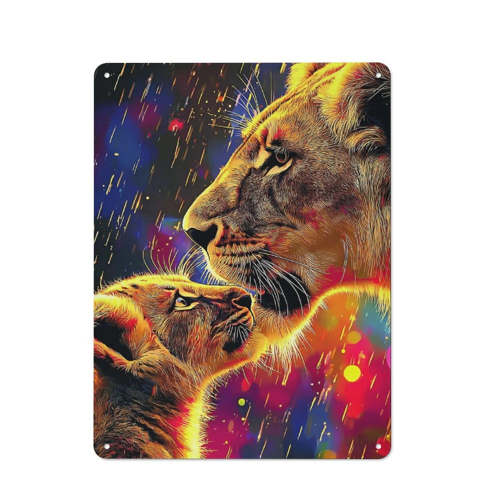 Junmoney Golden Lioness And Cub In Vibrant Light Rustic Metal Wall Decor 40X30cm, Decorative Tin Sign For Farmhouse Kitchen, Pantry Or Dining Area