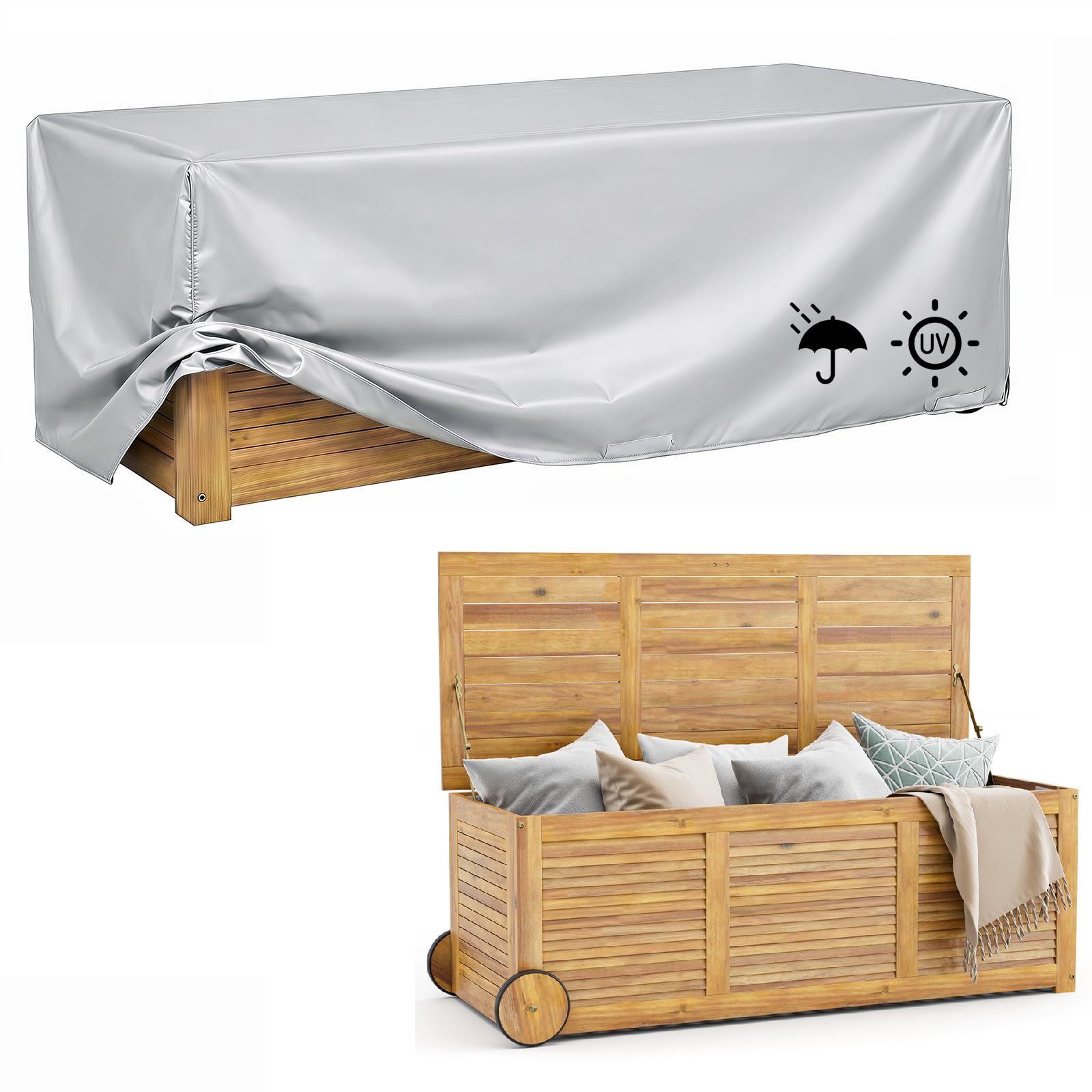 GIANTEX Gartenbox Holz Auflagenbox Gartentruhe Kissenbox Holzbox Garten | Wetterfest mit Abdeck- & Innenplane, Mobil mit Rollen & Griff, Aufbewahrungsbox Garten, Holztruhe Outdoor, für Gartenauflagen