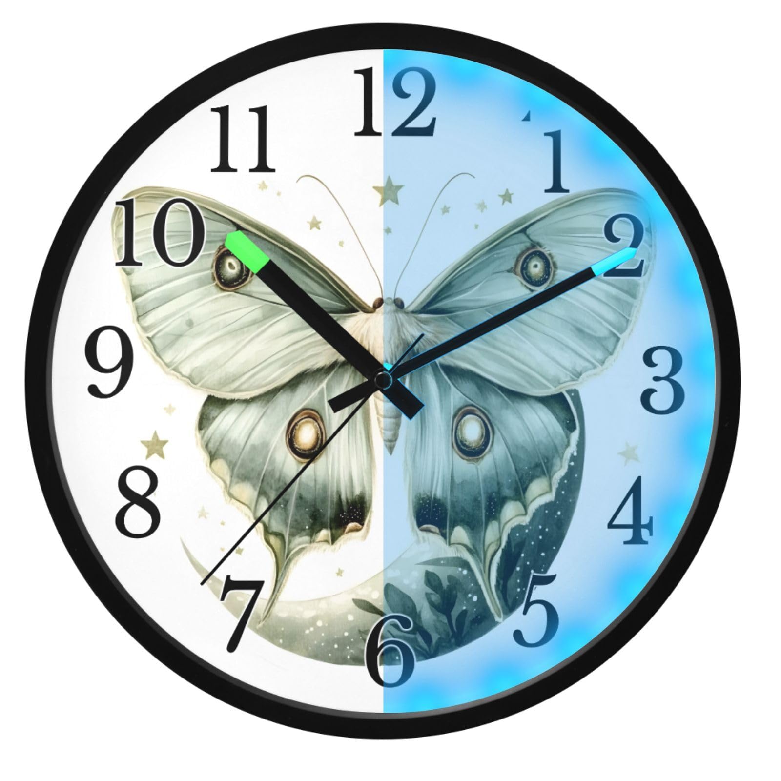 Mnsruu Reloj de pared luminoso Luna polilla luna blanca estrellas reloj de pared brilla en la oscuridad relojes de pared funciona con pilas, 12 pulgadas, silencioso, sin tictac, luz nocturna para