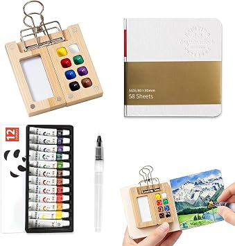 Mini Watercolor Paint Set Pocket Artist Watercolor Travel Set with Mini Paint Palette,Brushes, 12 Colors, Watercolor Sketchbook for Artists Painters StudentsBamboo