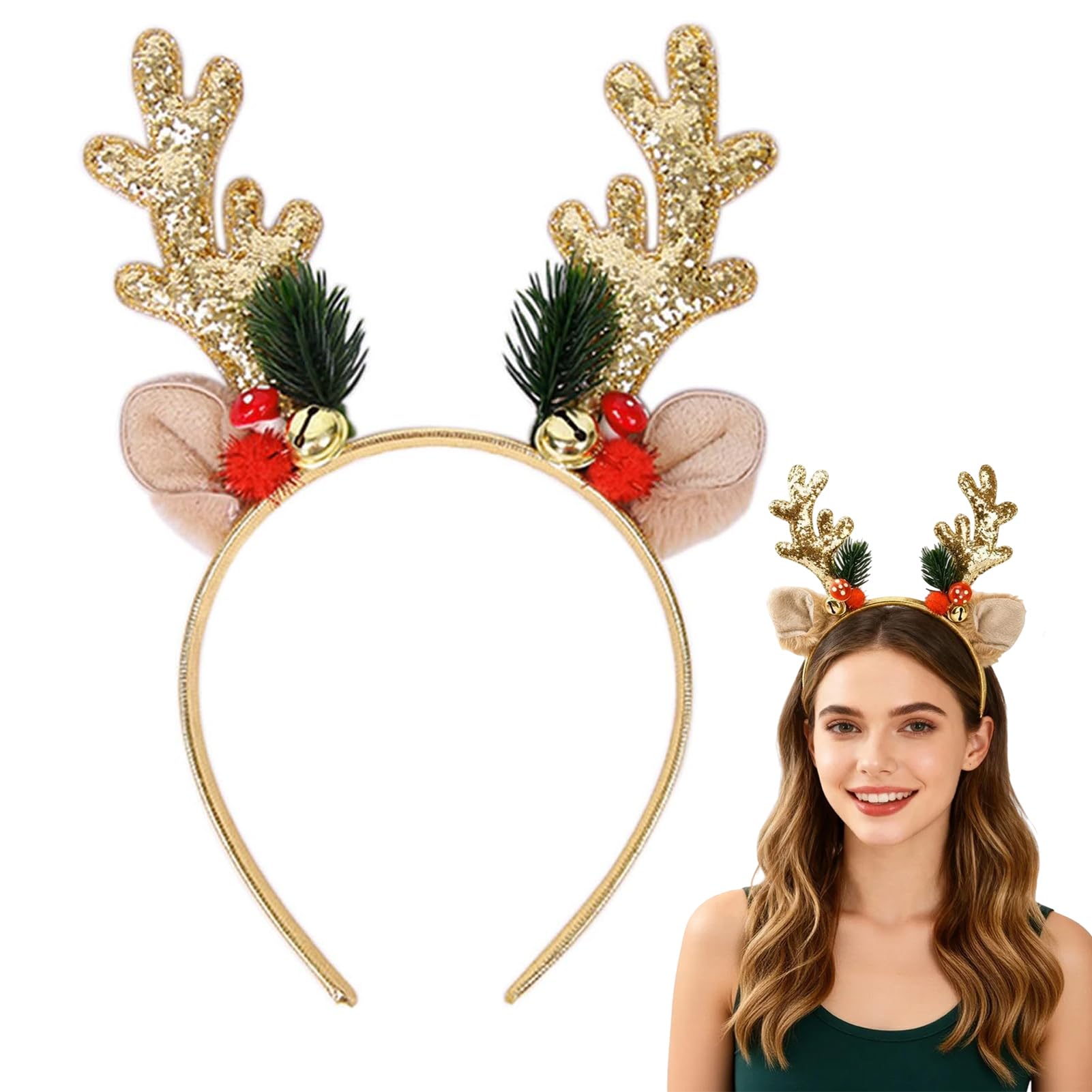 Aleshime Christmas Reindeer Antlers Headband, Christmas Glitter Elk Antlers Headbands, Xmas Hair Bands for Party Costume Fancy Dress Costume Accessories