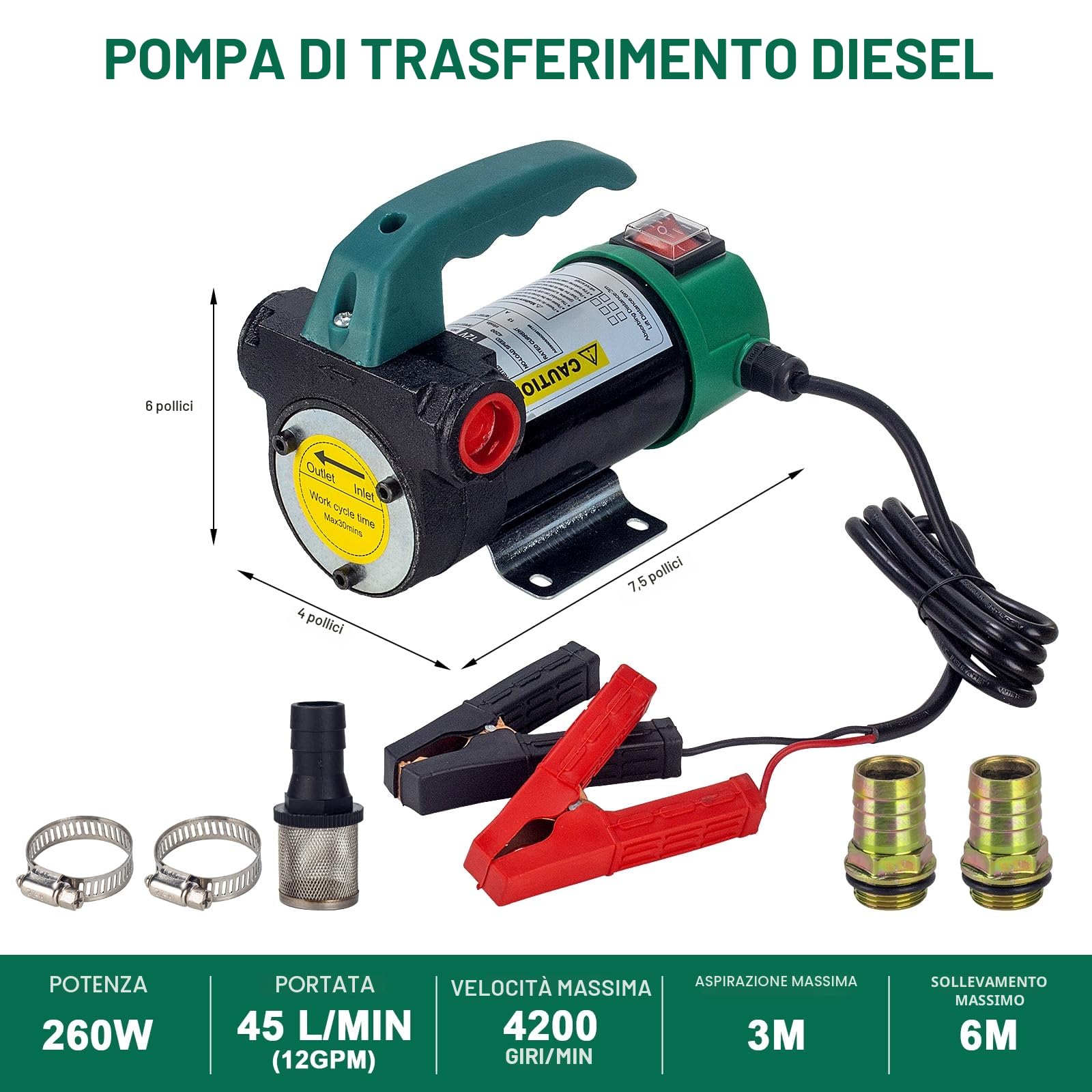 12V 260W Pompa Gasolio per Diesel 45L/Min Pompa Elettrica per Transferimento Carburante