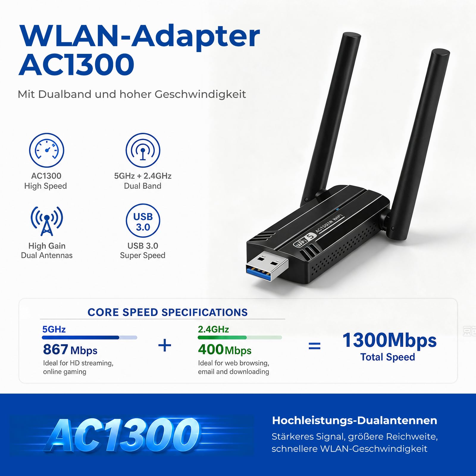 Adapter WLAN dla komputera — adapter WiFi 1300 Mbps dwupasmowy 2,4 GHz/5,8 GHz USB 3.0 z 2 antenami 5 dBi, dla komputera stacjonarnego/laptopa, kompatybilny z systemami Windows 11/10/8/7/Vista/XP, Mac