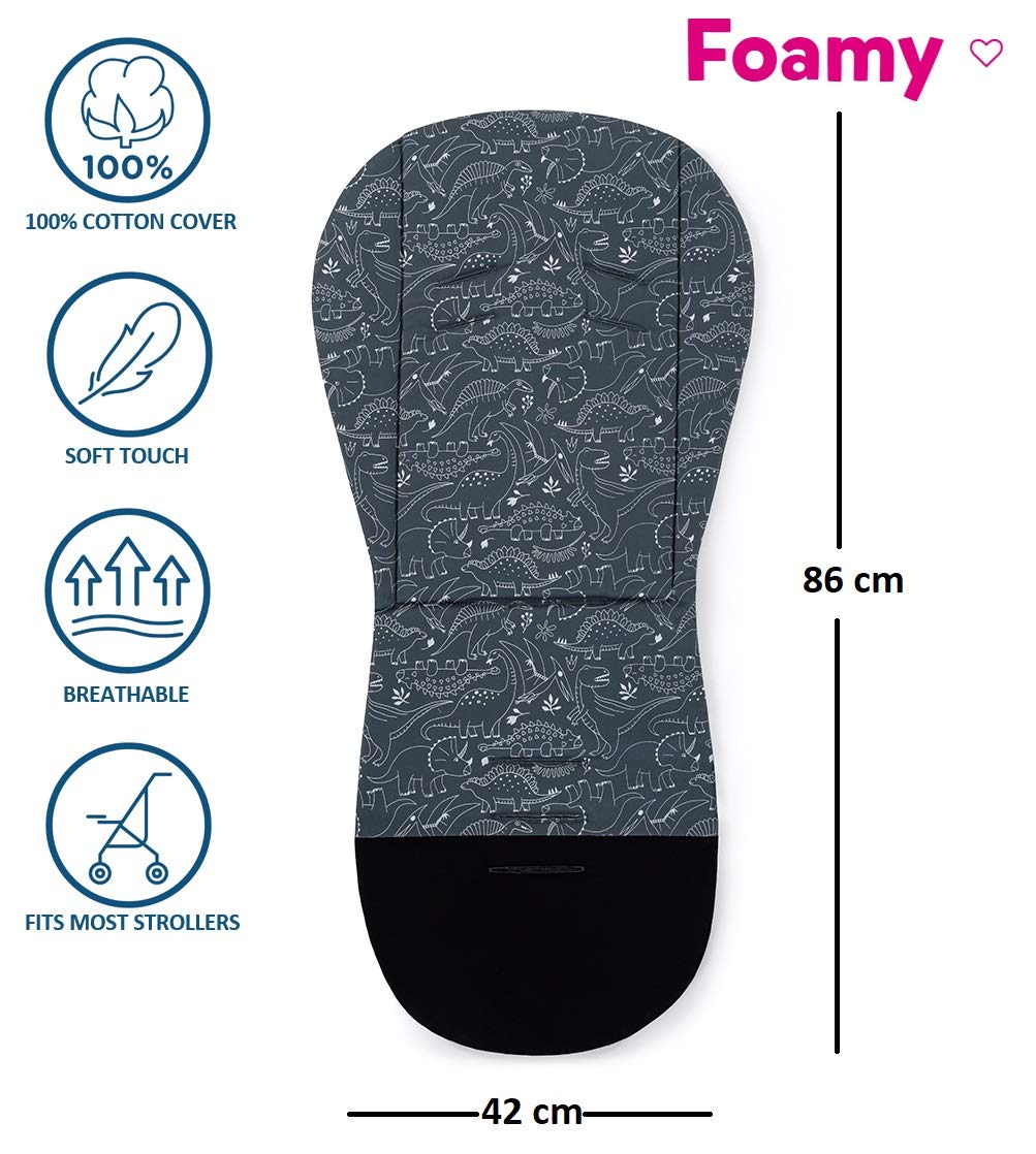 Petite&Mars Foamy * Memory Foam liner * Coprisedile universale per passeggino, carrozzina, passeggino, antiurto. Cotone (antracite Dino)