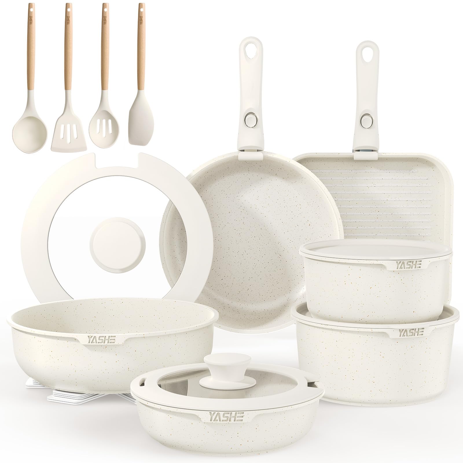 YASHE 21-Piece Pots and Pans Set,Nonstick Cookware Set, Detachable Handles & Glass Lids，Induction Compatible, Oven Safe, Stackable Cookware for Kitchen,White