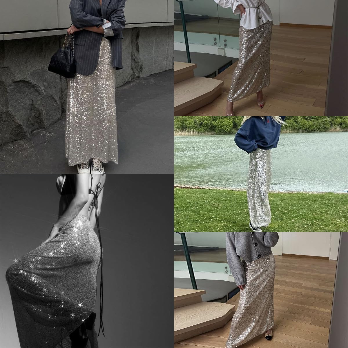 Women's Shiny Sparkly Sequin Maxi Skirt Sexy Glitter High Waist Stretchy Long Skirts Night Out Bodycon Party Clubwear